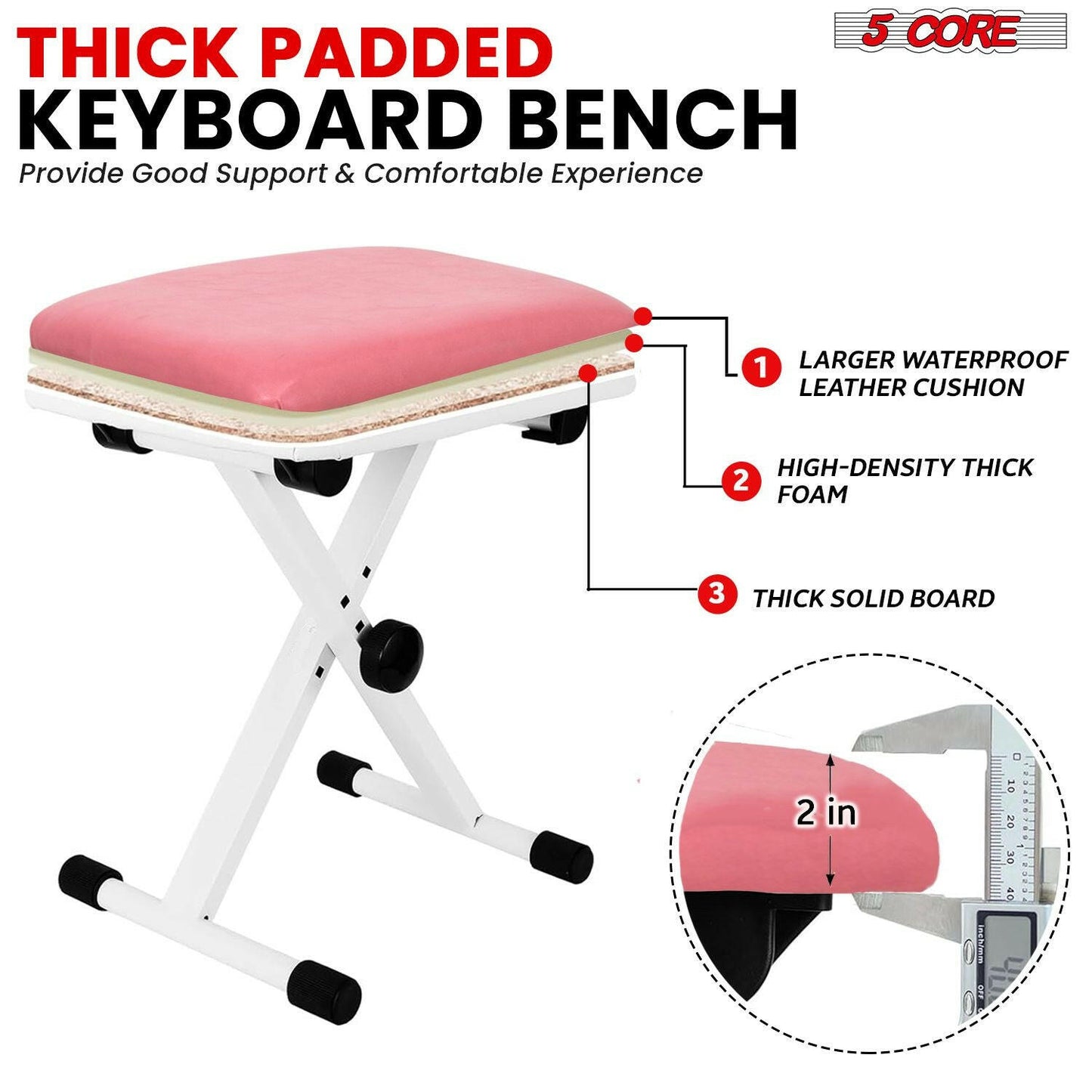 Keyboard Bench – 5 Core Adjustable Height Padded Pink Musician Stool - GoTypical