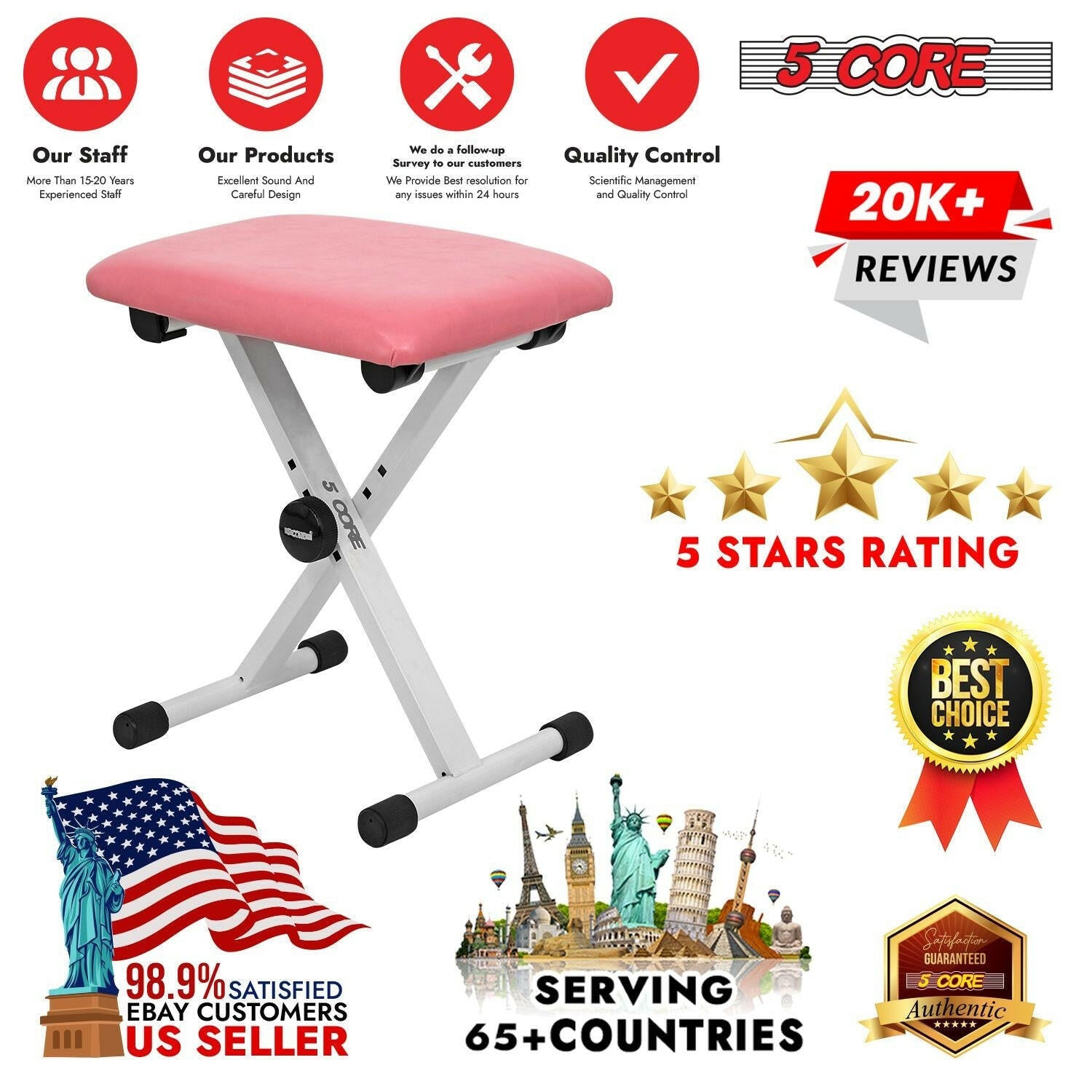 Keyboard Bench – 5 Core Adjustable Height Padded Pink Musician Stool - GoTypical