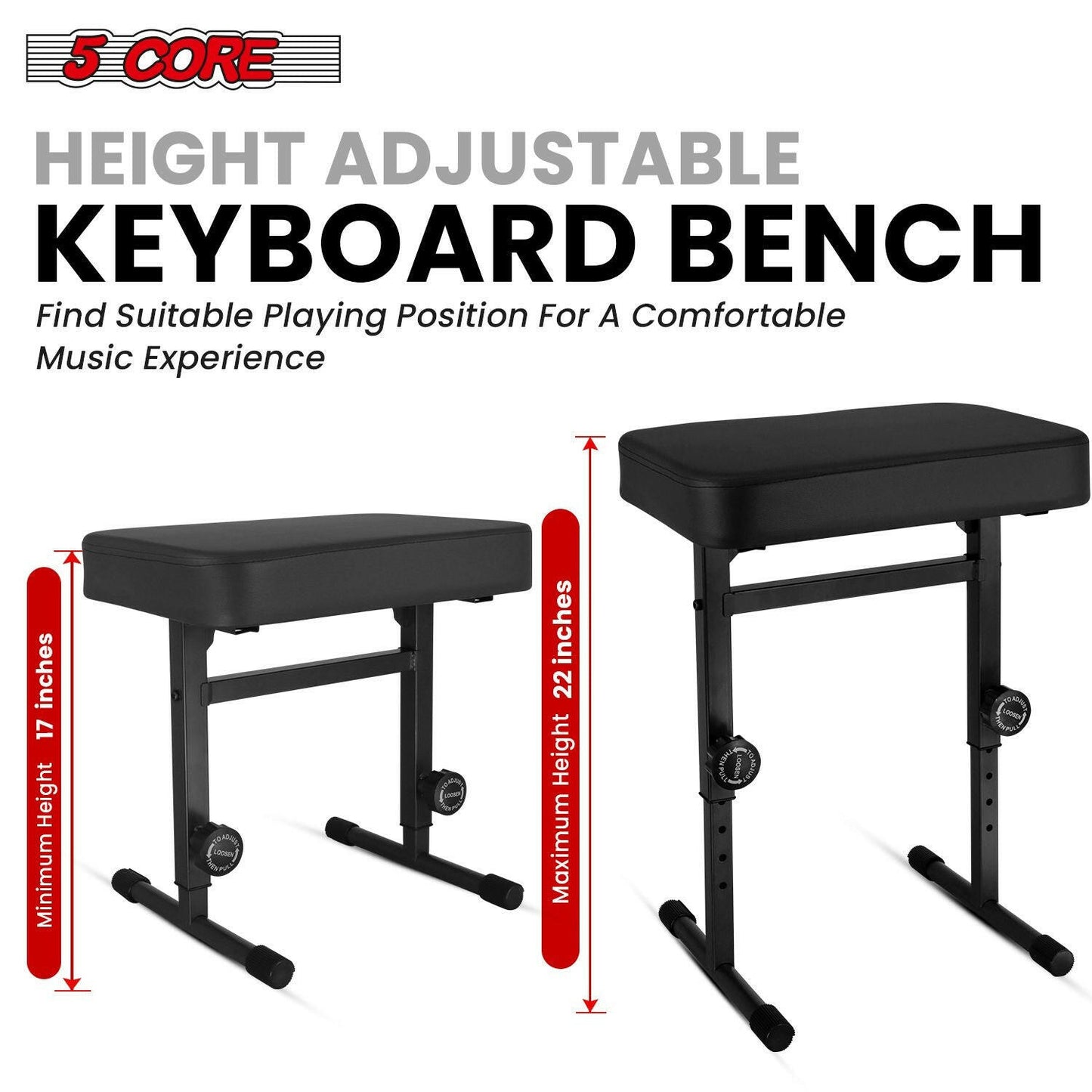 5 Core Keyboard Bench – Black PU Leather, Height Adjustable Piano Stool - GoTypical