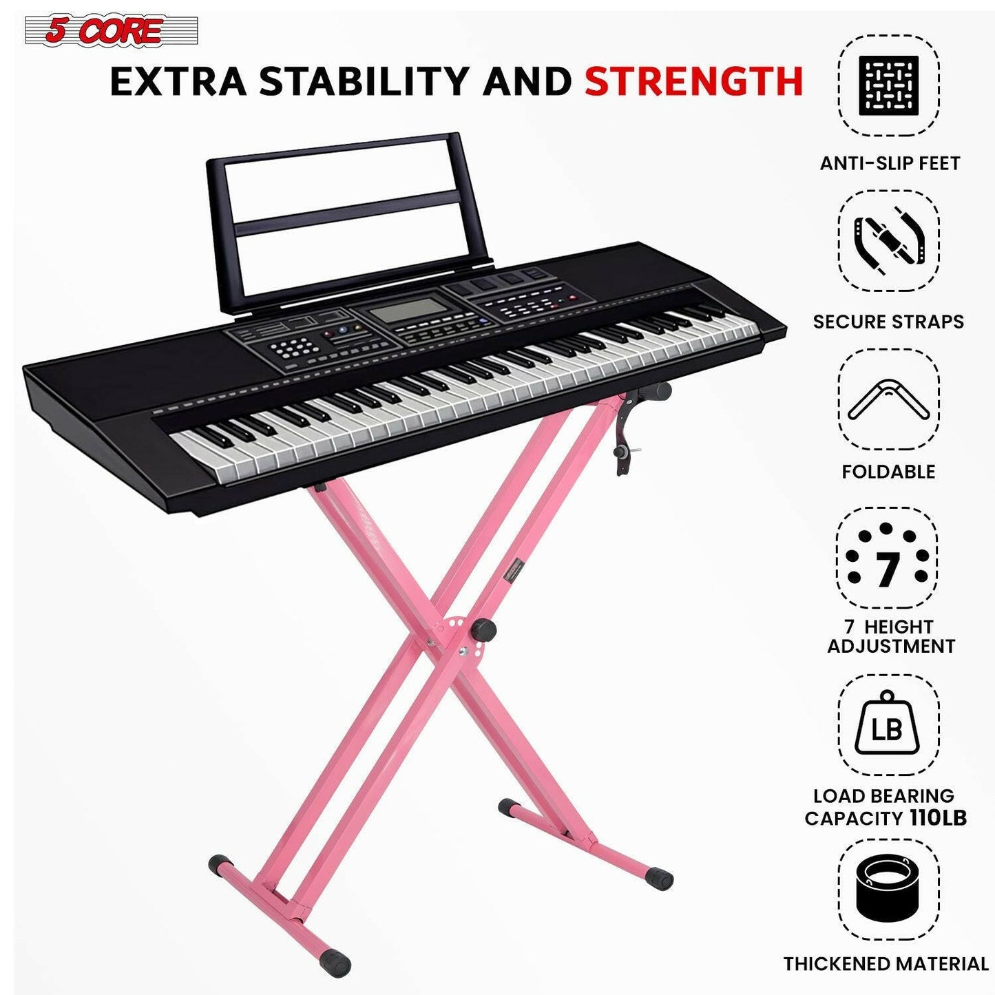 5 Core Adjustable Keyboard Stand & Pink Padded Piano Bench – Heavy Duty - GoTypical