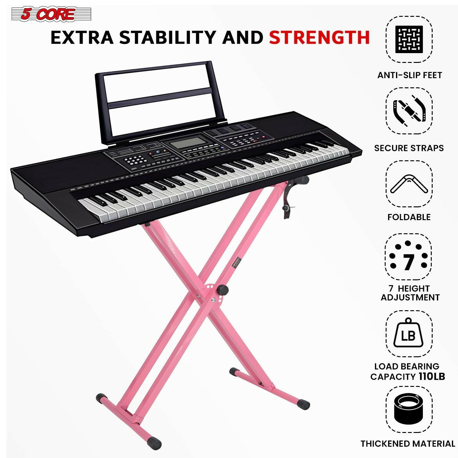 5 Core Adjustable Keyboard Stand & Pink Padded Piano Bench – Heavy Duty - GoTypical