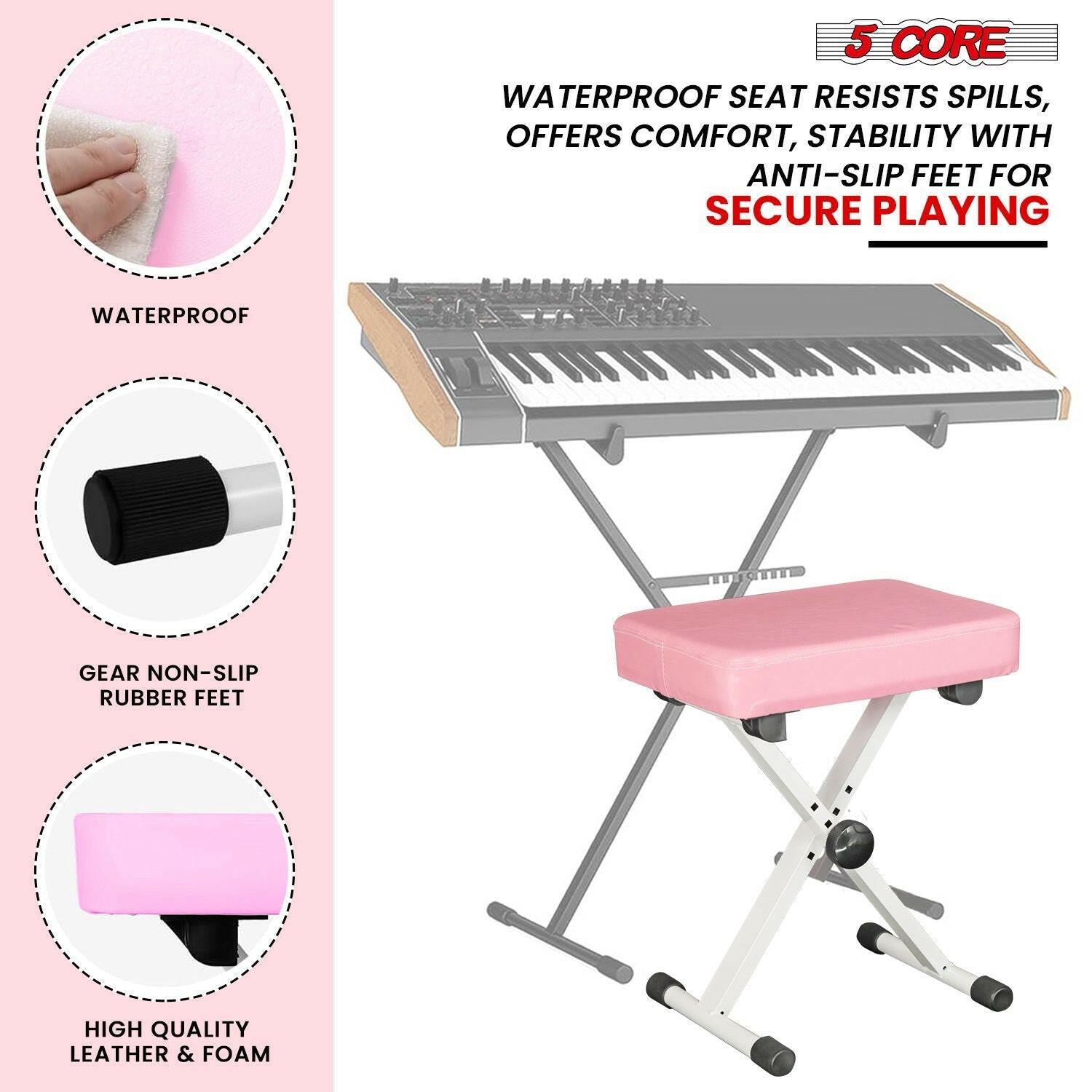5 Core Adjustable Keyboard Stand & Pink Padded Piano Bench – Heavy Duty - GoTypical