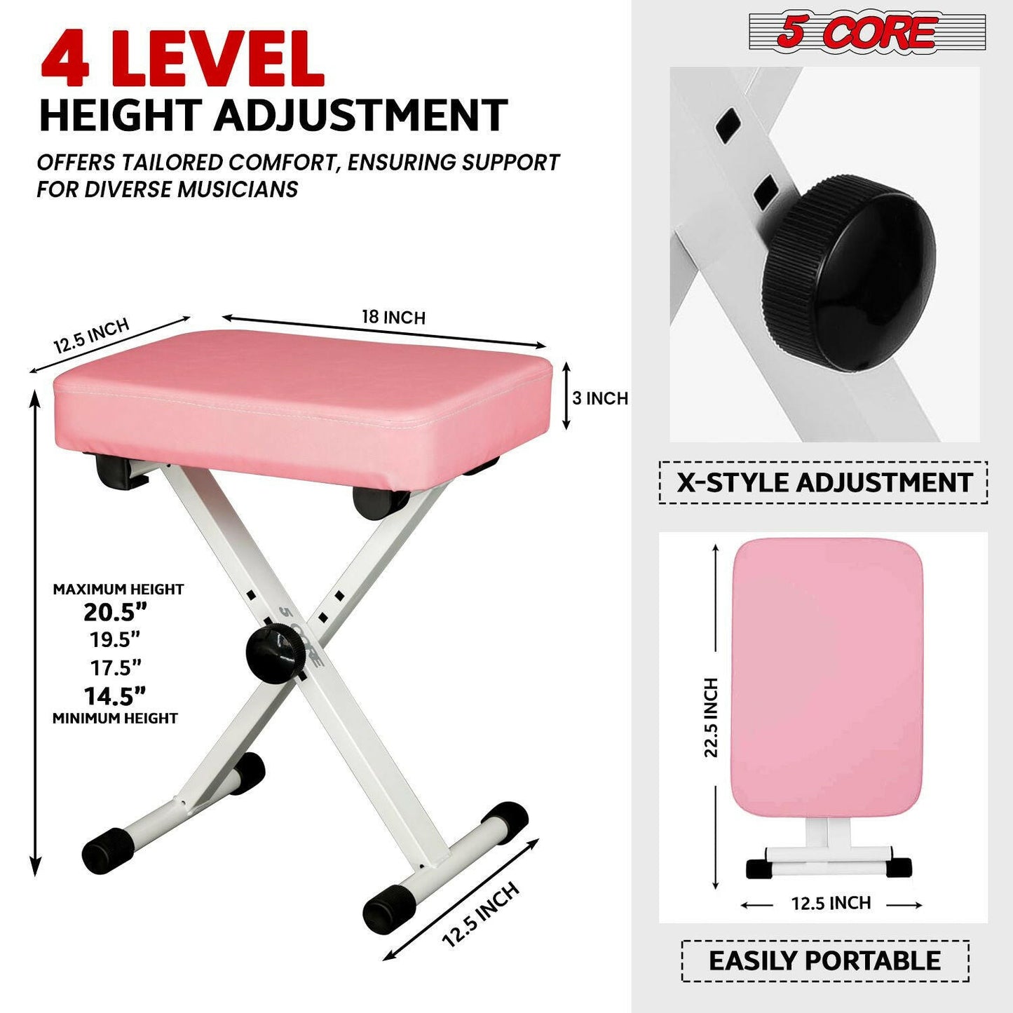 5 Core Adjustable Keyboard Stand & Pink Padded Piano Bench – Heavy Duty - GoTypical