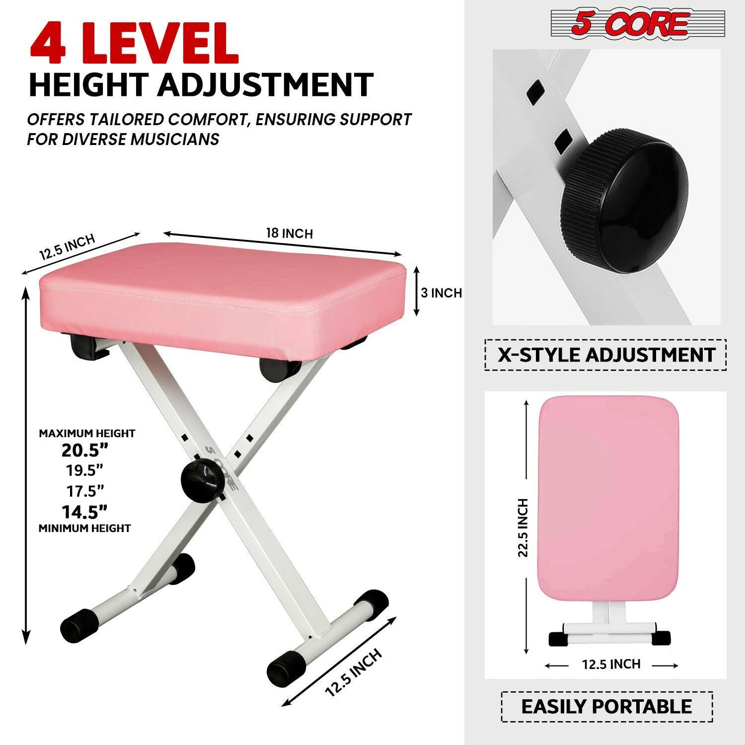 5 Core Adjustable Keyboard Stand & Pink Padded Piano Bench – Heavy Duty - GoTypical