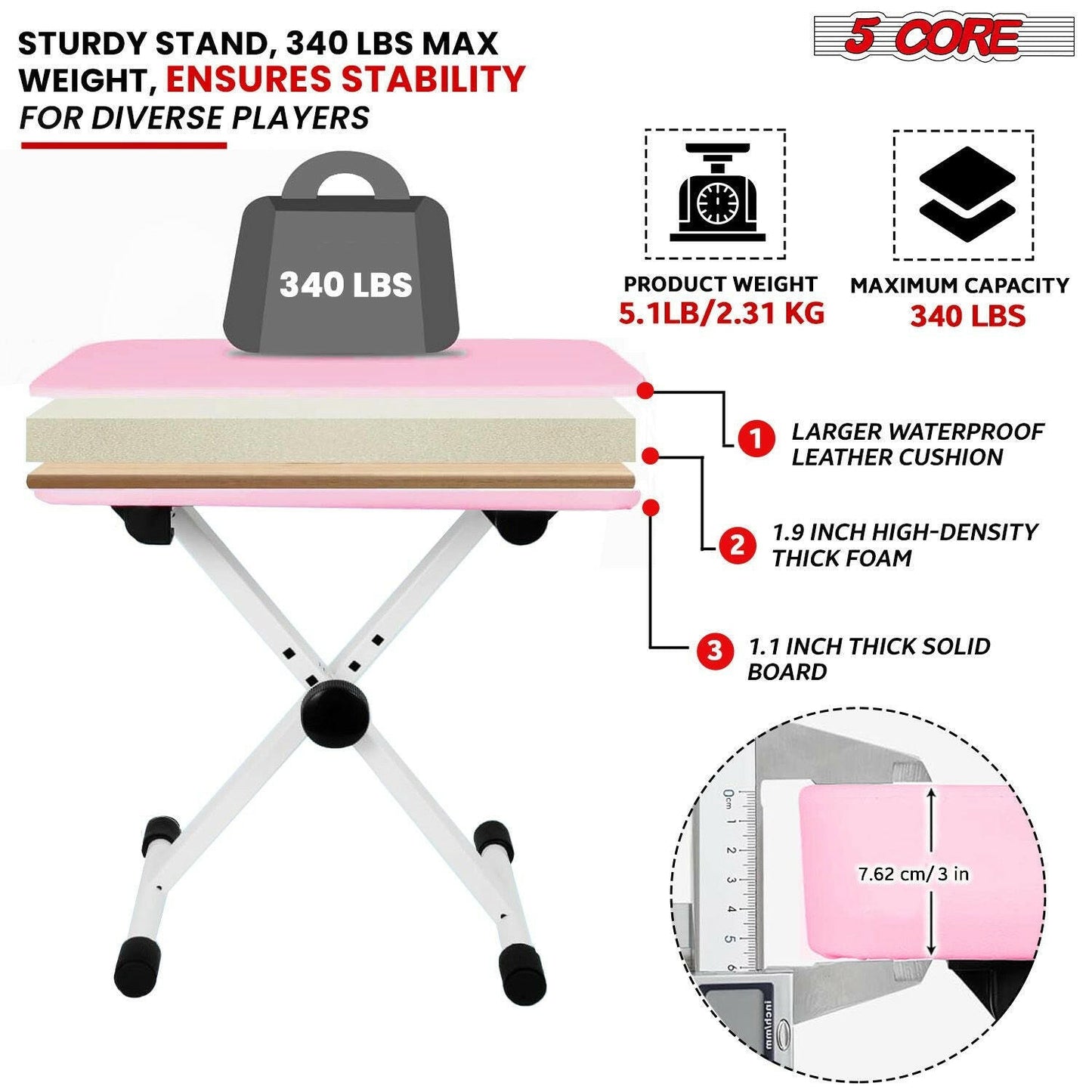 5 Core Adjustable Keyboard Stand & Pink Padded Piano Bench – Heavy Duty - GoTypical