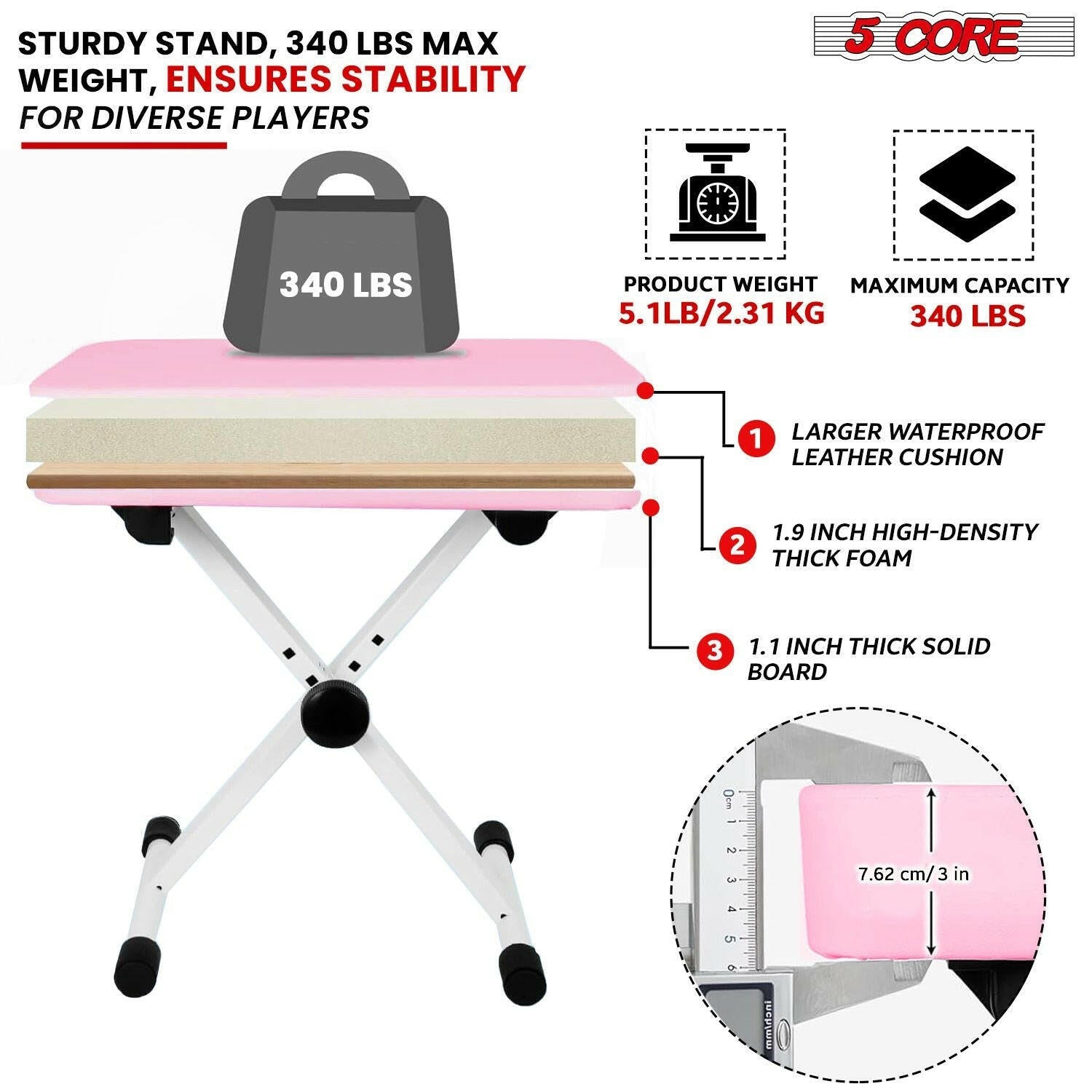 5 Core Adjustable Keyboard Stand & Pink Padded Piano Bench – Heavy Duty - GoTypical