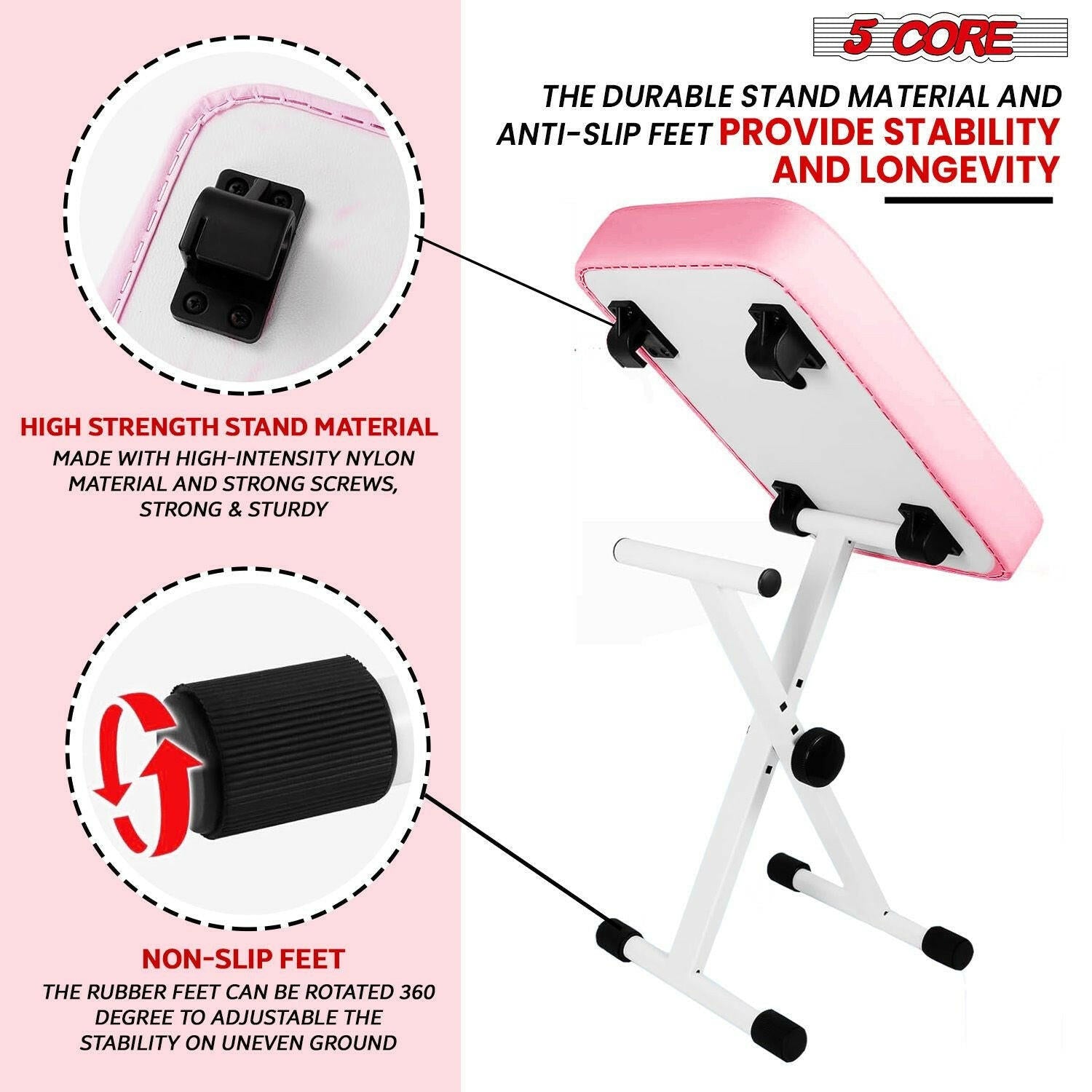 5 Core Adjustable Keyboard Stand & Pink Padded Piano Bench – Heavy Duty - GoTypical