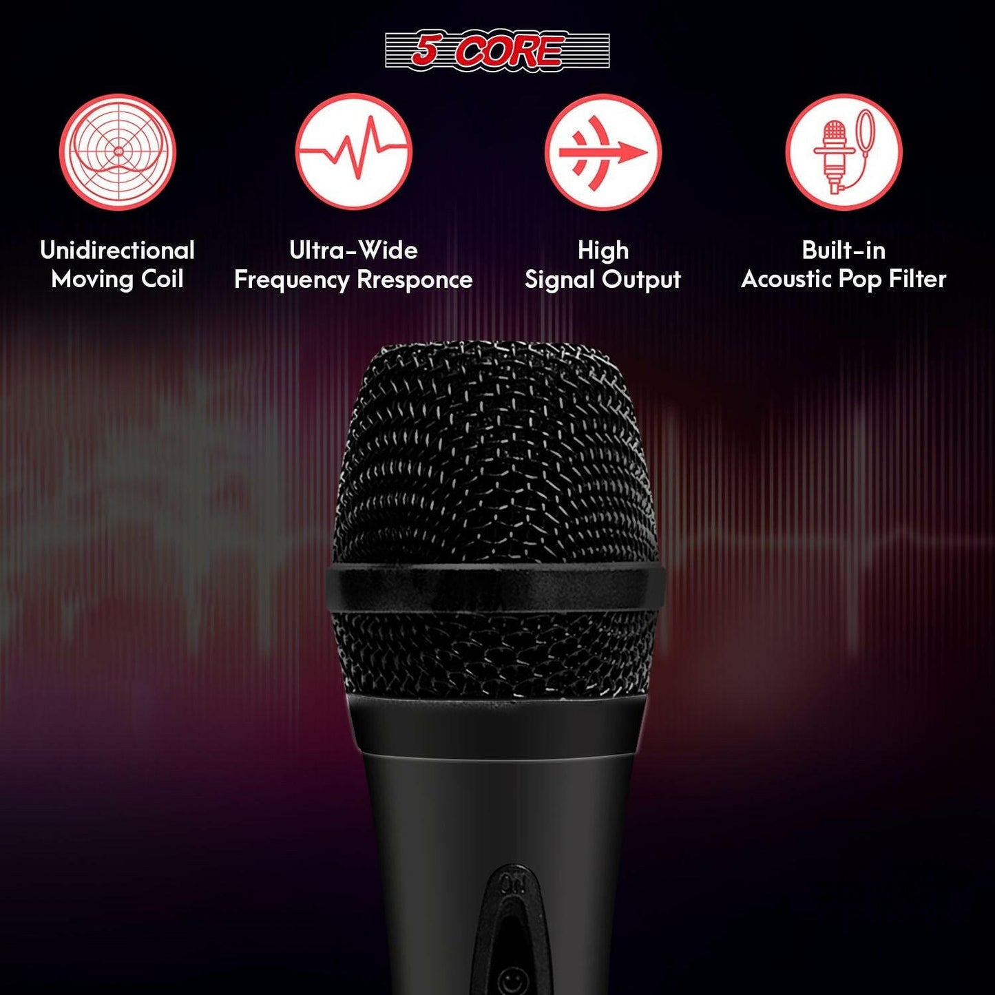 5 Core Dynamic Vocal Microphone – Cardioid, Wired XLR with On/Off Switch - GoTypical