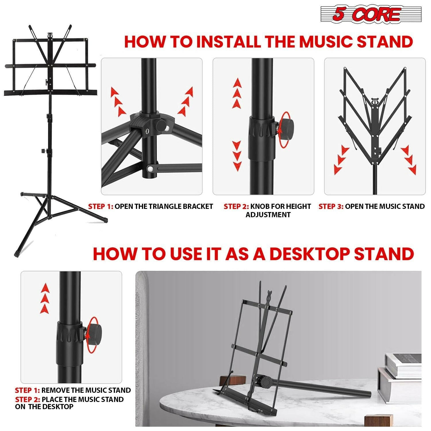 5 Core Adjustable Metal Music Stand – Black Foldable Sheet Holder - GoTypical