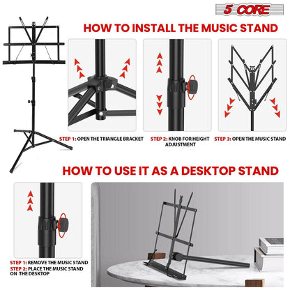 5 Core Adjustable Metal Music Stand – Black Foldable Sheet Holder - GoTypical