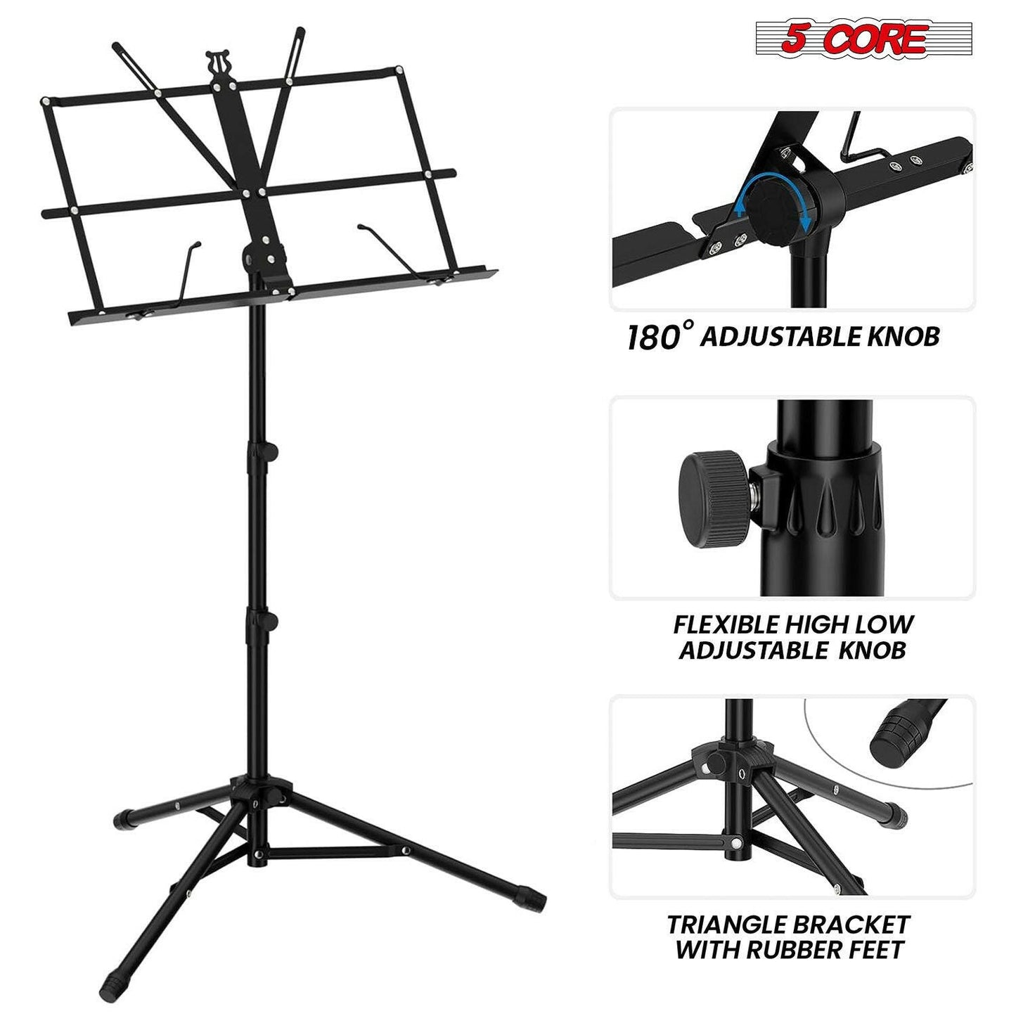 5 Core Adjustable Metal Music Stand – Black Foldable Sheet Holder - GoTypical