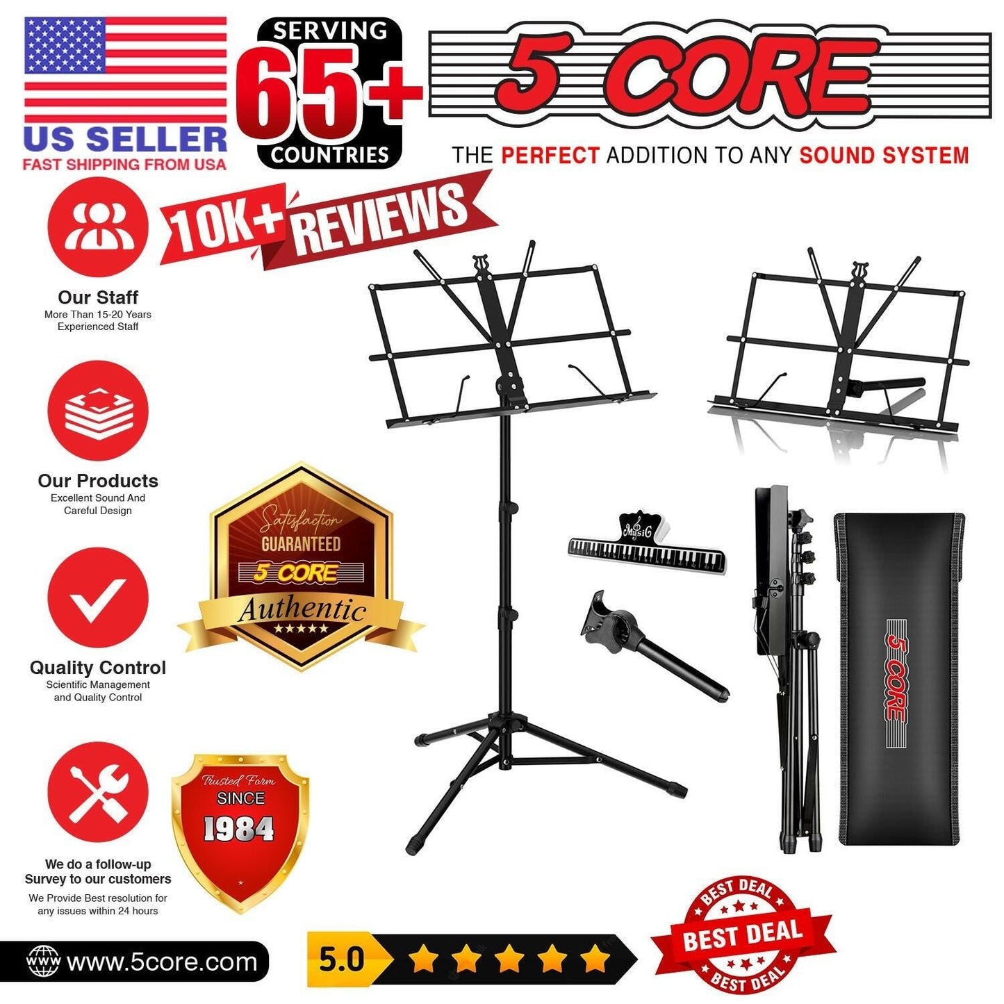 5 Core Adjustable Metal Music Stand – Black Foldable Sheet Holder - GoTypical