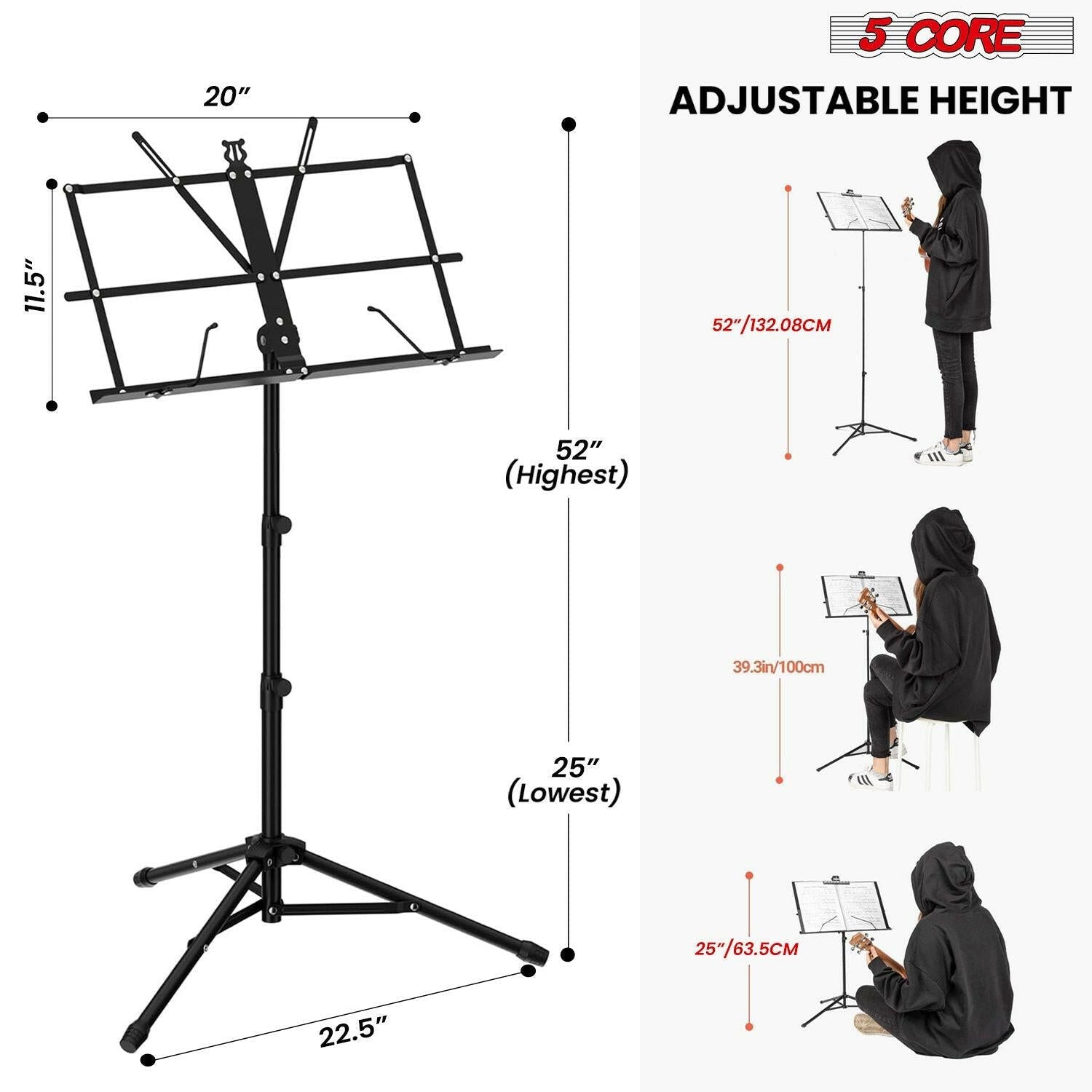 5 Core Adjustable Metal Music Stand – Black Foldable Sheet Holder - GoTypical