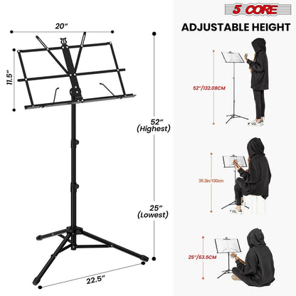 5 Core Adjustable Metal Music Stand – Black Foldable Sheet Holder - GoTypical