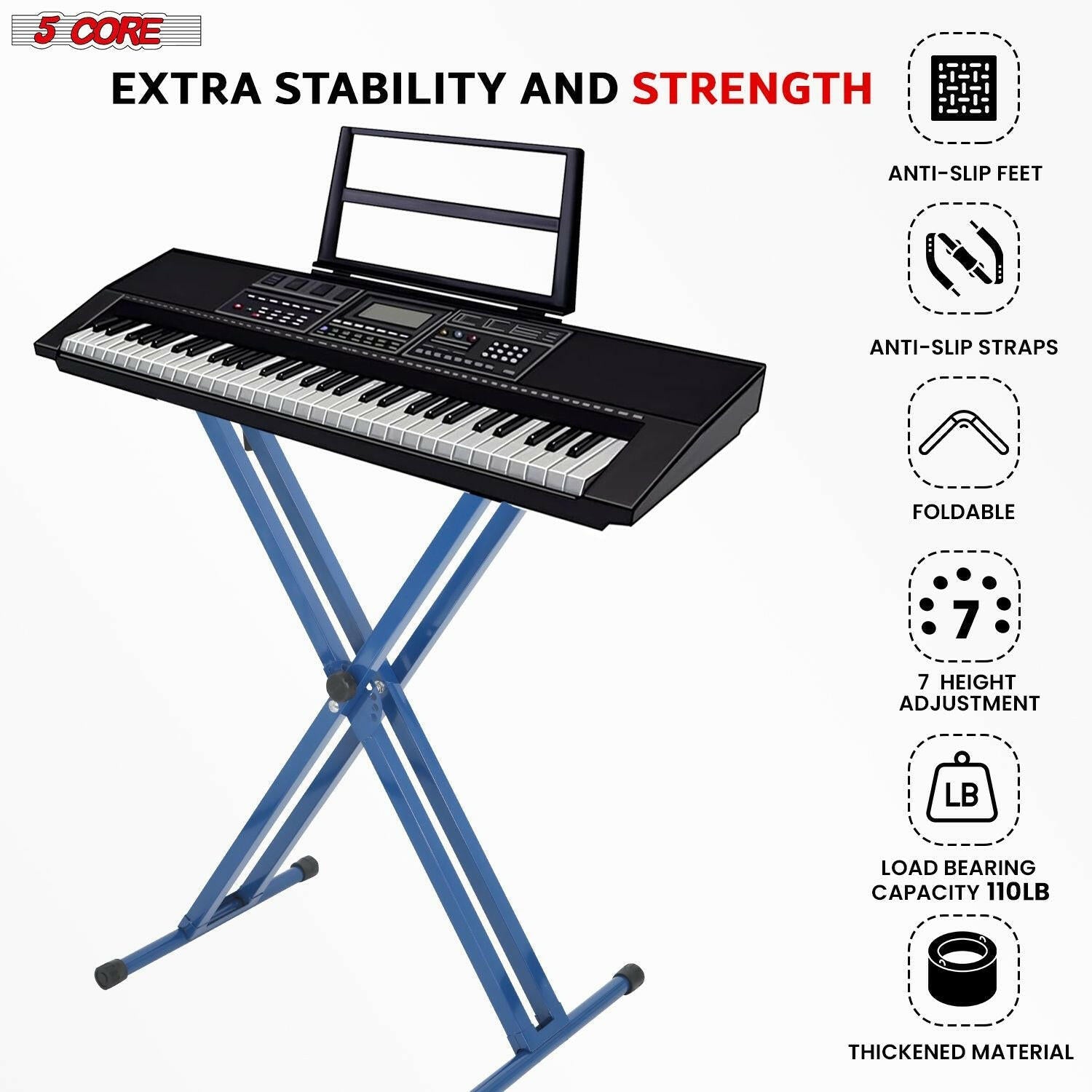 5 Core Heavy Duty Adjustable Keyboard Stand – Double X Style, Black - GoTypical