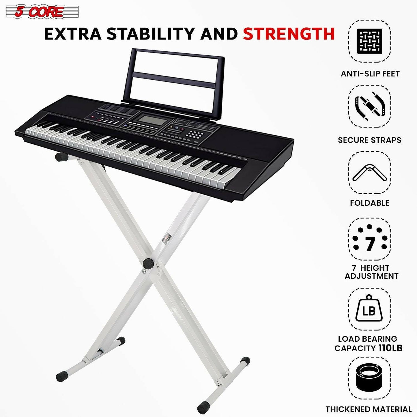 5 Core Heavy Duty Adjustable Keyboard Stand – Double X Style, Black - GoTypical