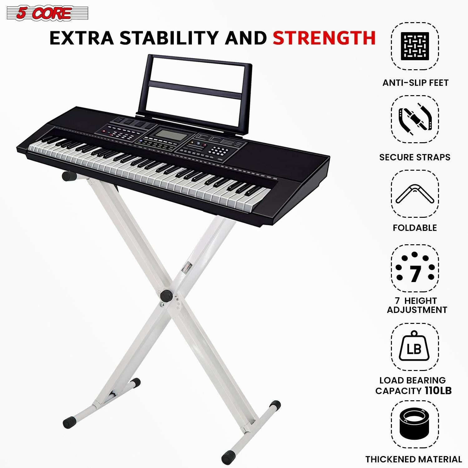 5 Core Heavy Duty Adjustable Keyboard Stand – Double X Style, Black - GoTypical