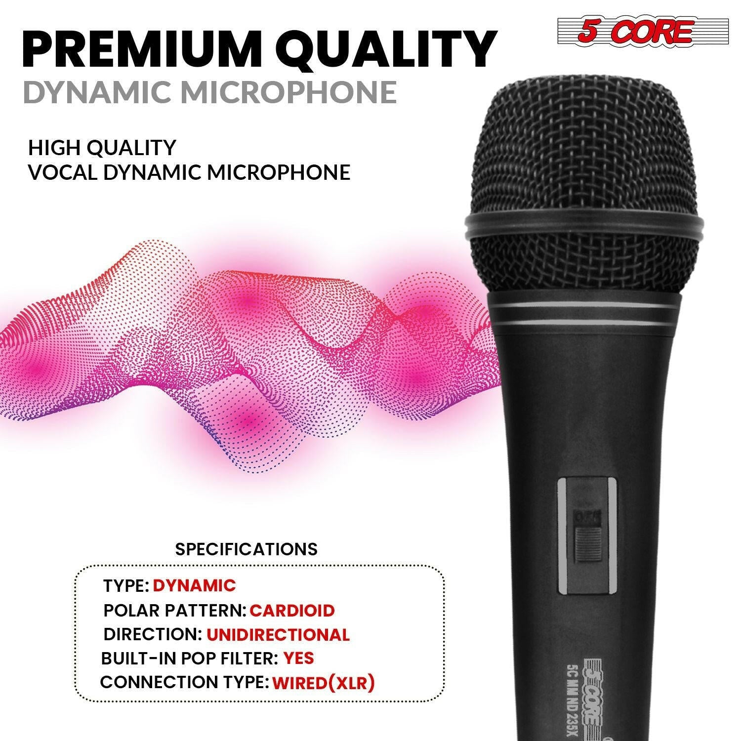 5 Core Dynamic Vocal Microphone – Cardioid, Neodymium, Metal Body - GoTypical