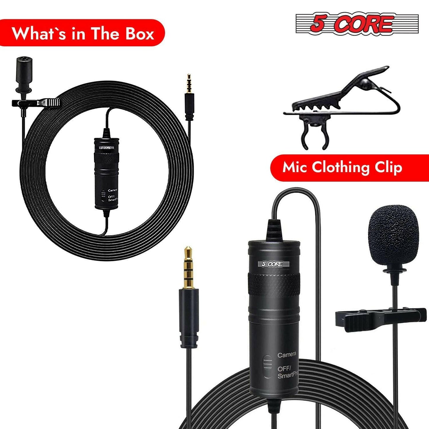 5 Core Professional Omnidirectional Lavalier Microphone – Black Clip-On - GoTypical