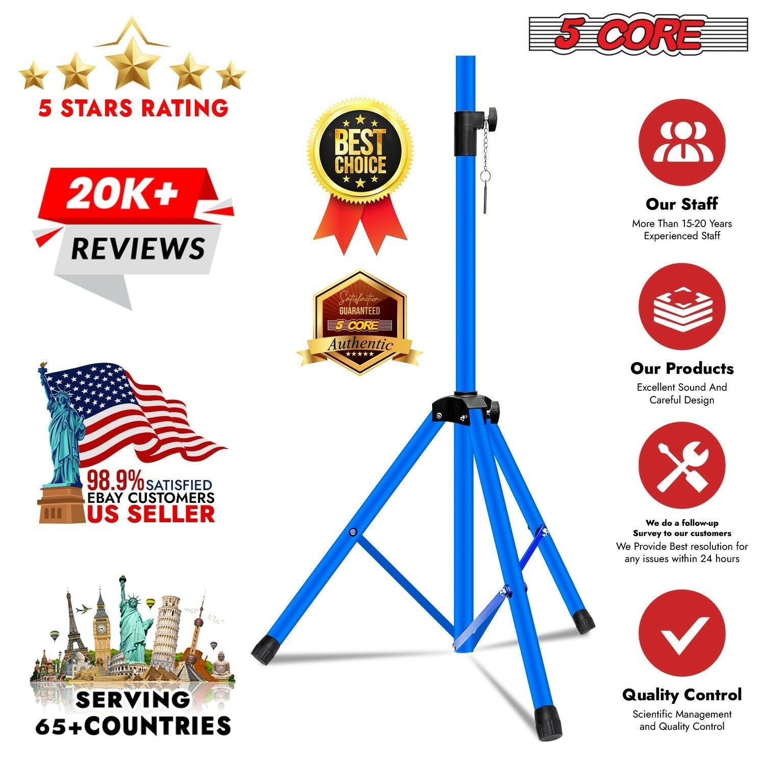5 Core Adjustable Heavy Duty Tripod Speaker Stand – Up to 72" with Sky Blue Bag - GoTypical