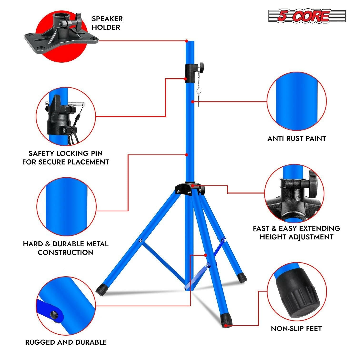 5 Core Adjustable Heavy Duty Tripod Speaker Stand – Up to 72" with Sky Blue Bag - GoTypical