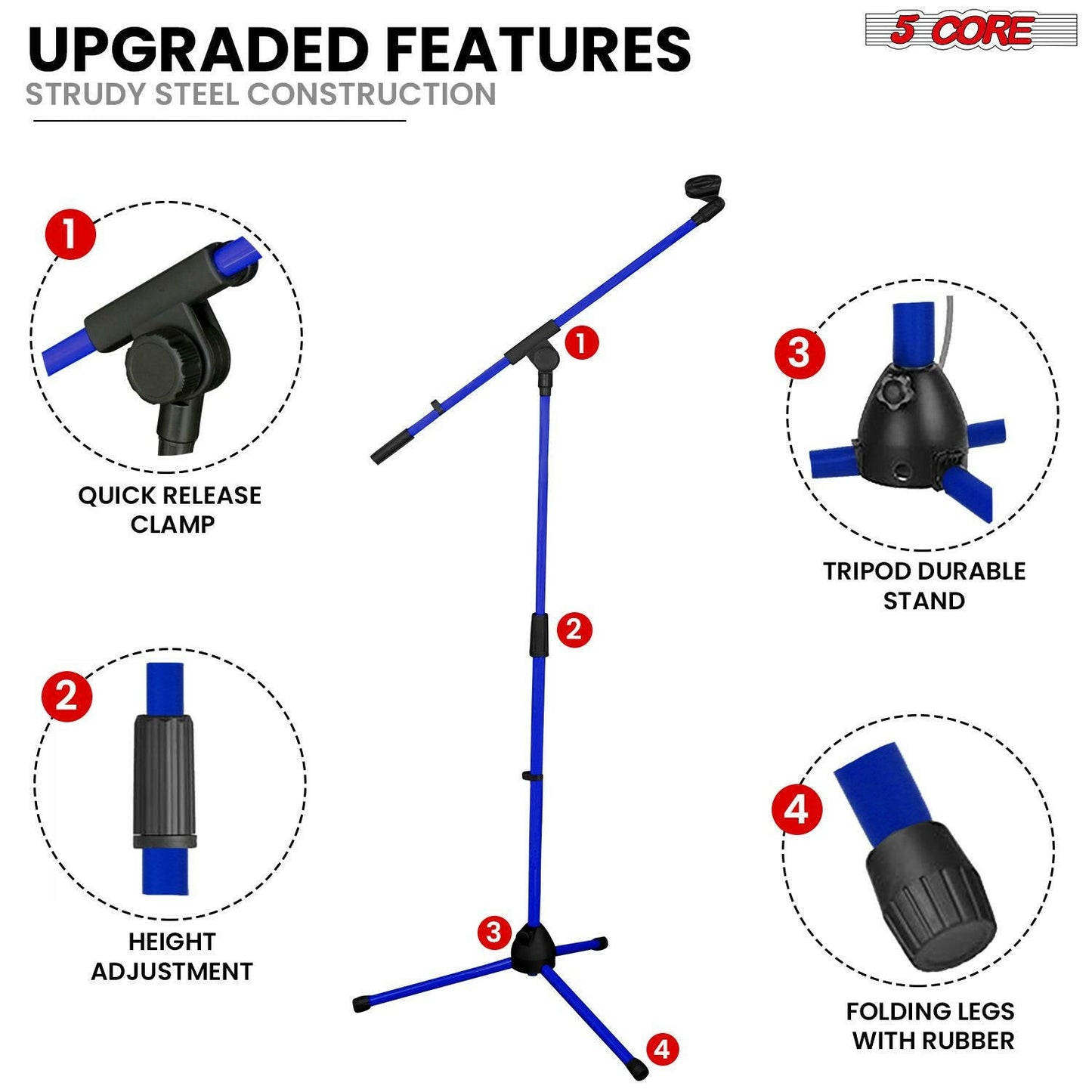 5 Core Adjustable Tripod Mic Stand – Metal Boom Arm, Dark Blue - GoTypical