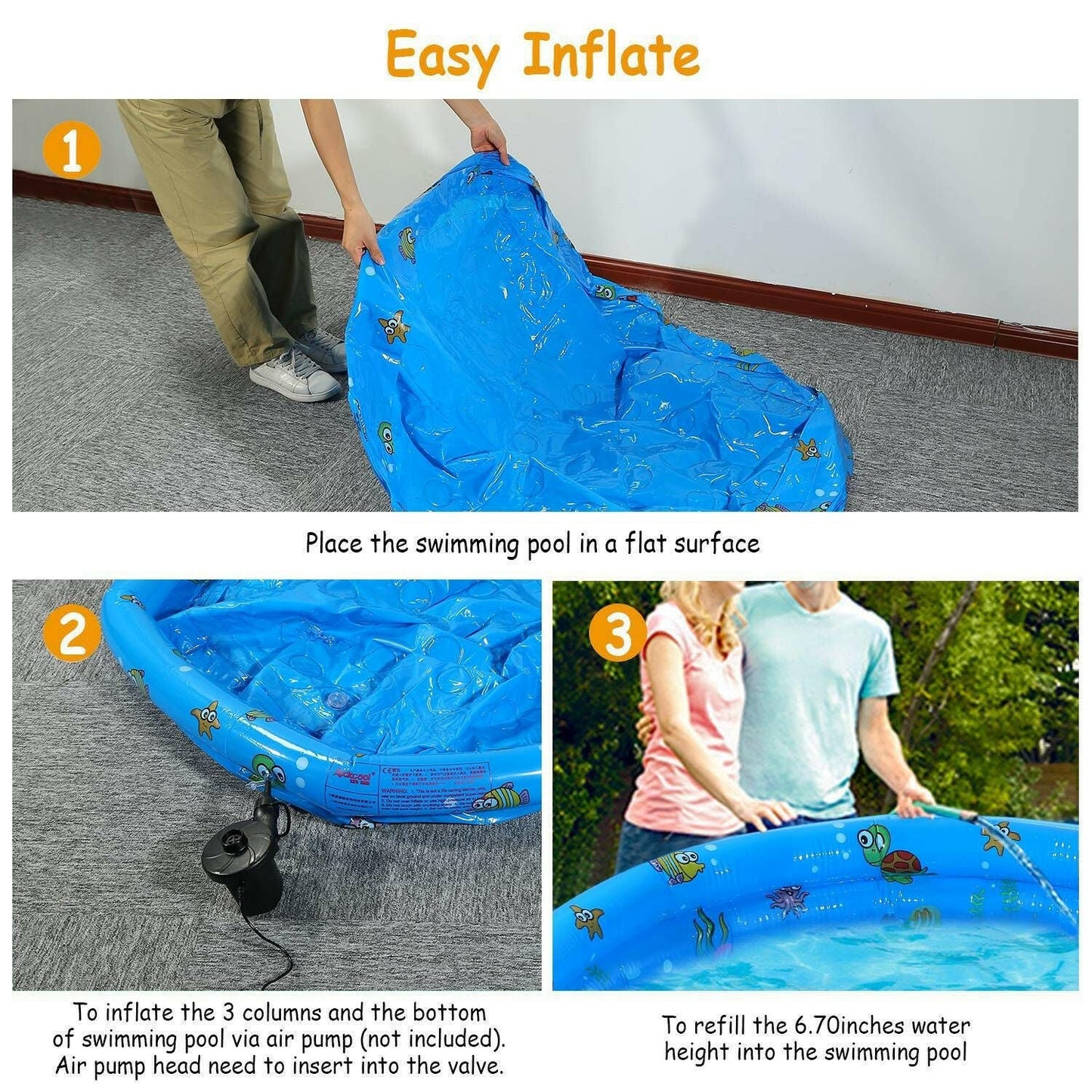 Inflatable Swimming Pool 51x13In – Foldable Family Pool for 3 Kids - GoTypical