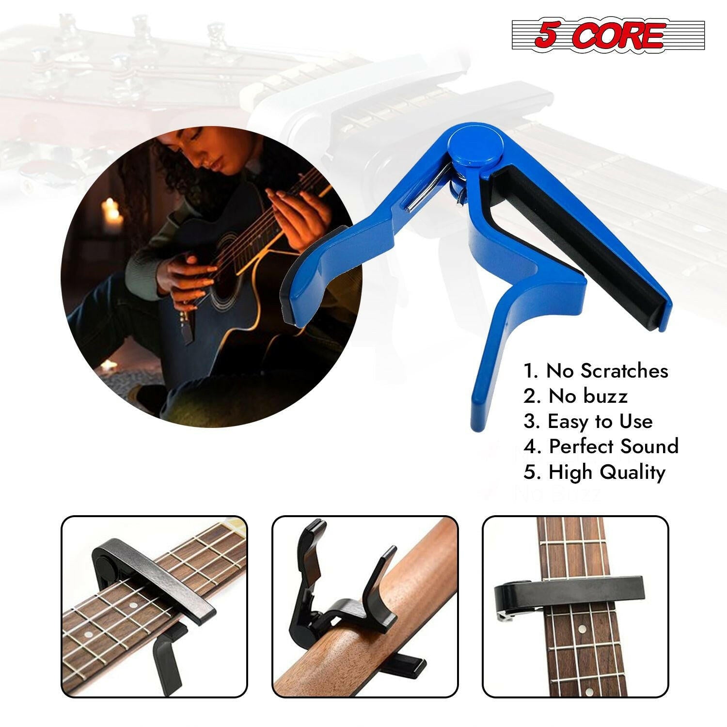 5CORE Guitar Capo – Blue Aluminum Quick-Adjust for Acoustic & Electric - GoTypical