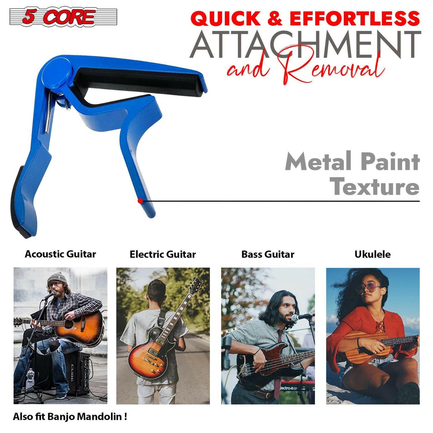 5CORE Guitar Capo – Blue Aluminum Quick-Adjust for Acoustic & Electric - GoTypical