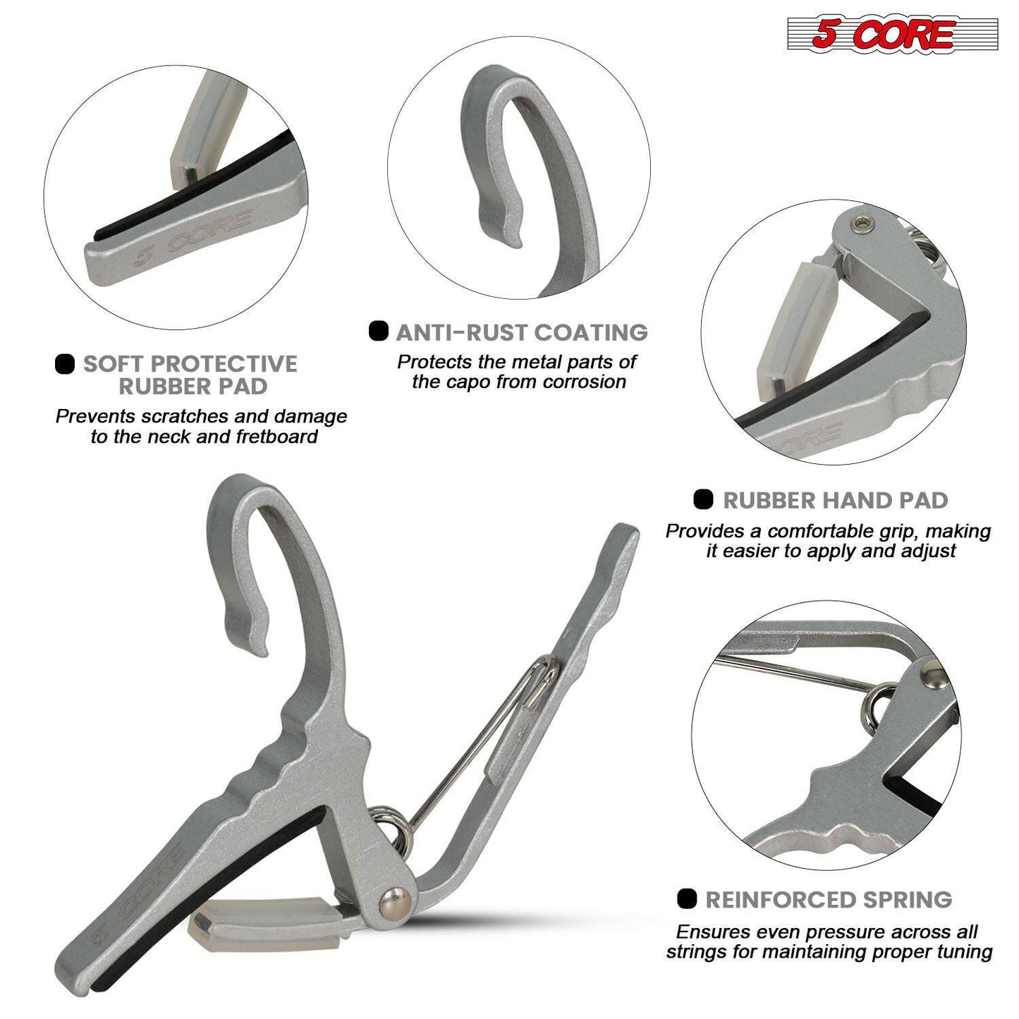 5 Core Guitar Capo – Silver Aluminum Alloy, Lightweight, Buzz-Free Tuning - GoTypical