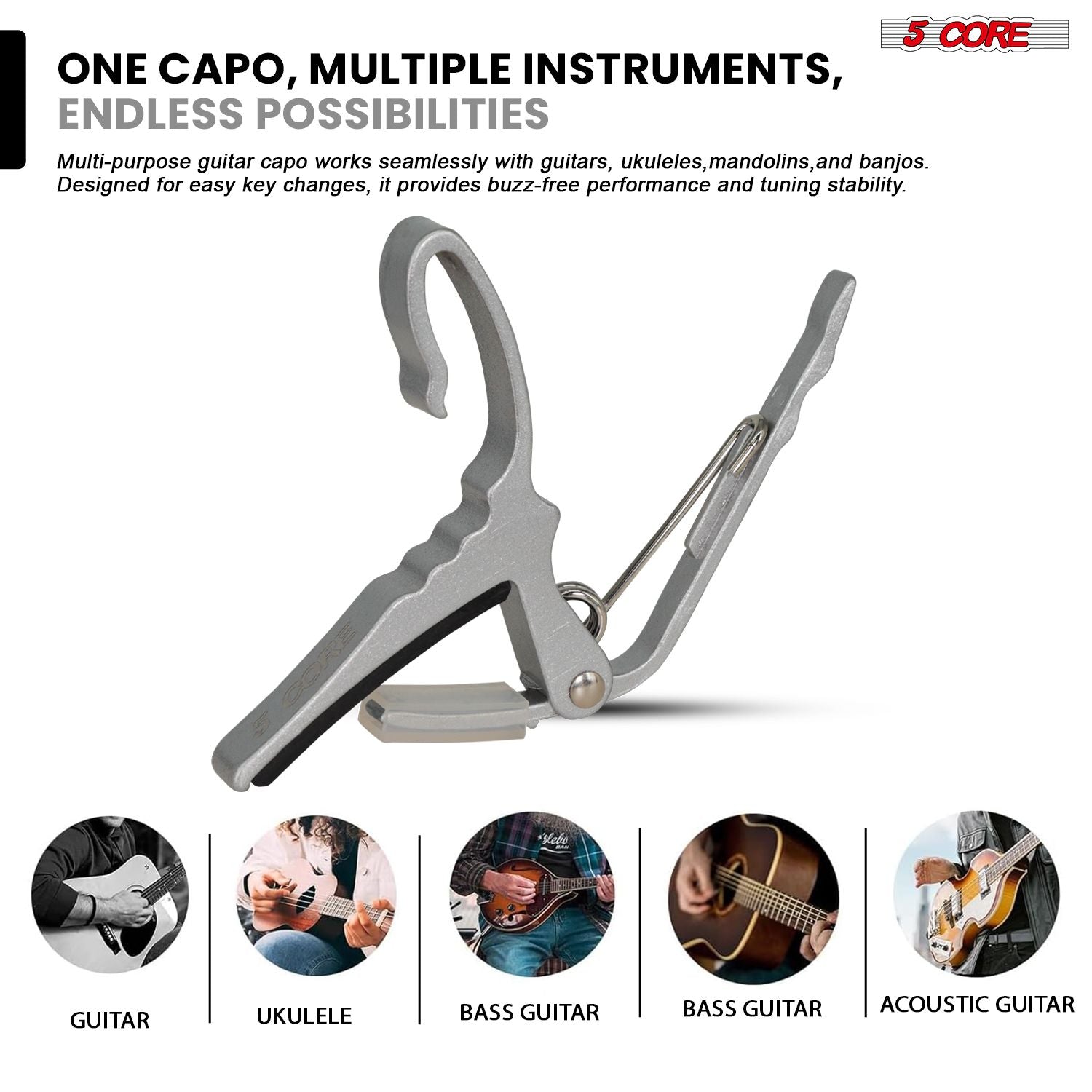 5Core Capo Acoustic Electric Guitar String Clip Banjo Mandolin Or Ukulele + 6Pcs Guitar Picks Celluloid Puas Para Guitarra + Carry Bag - CAPO AL SLV - GoTypical