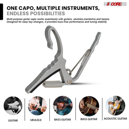5Core Capo Acoustic Electric Guitar String Clip Banjo Mandolin Or Ukulele + 6Pcs Guitar Picks Celluloid Puas Para Guitarra + Carry Bag - CAPO AL SLV - GoTypical