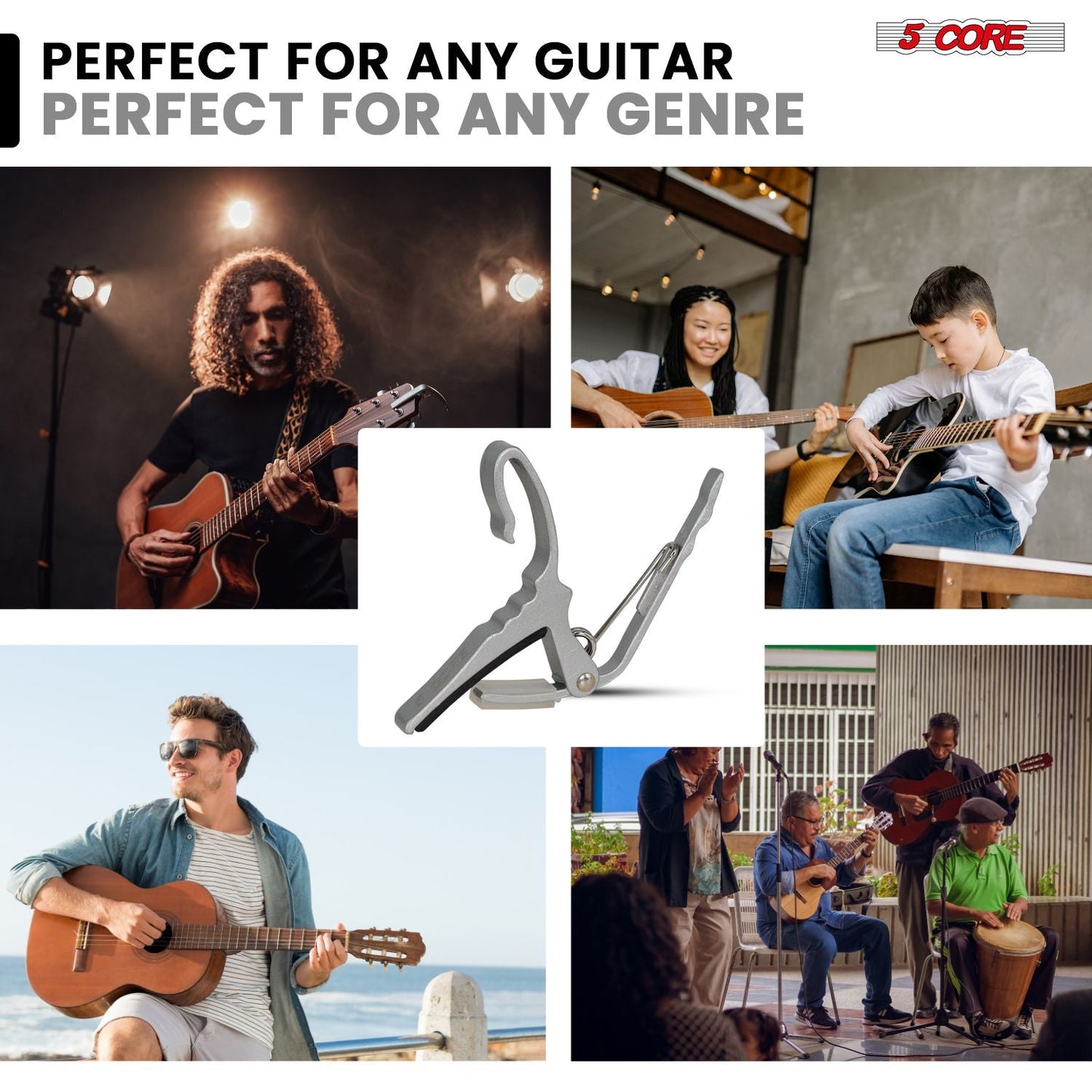 5Core Capo Acoustic Electric Guitar String Clip Banjo Mandolin Or Ukulele + 6Pcs Guitar Picks Celluloid Puas Para Guitarra + Carry Bag - CAPO AL SLV - GoTypical