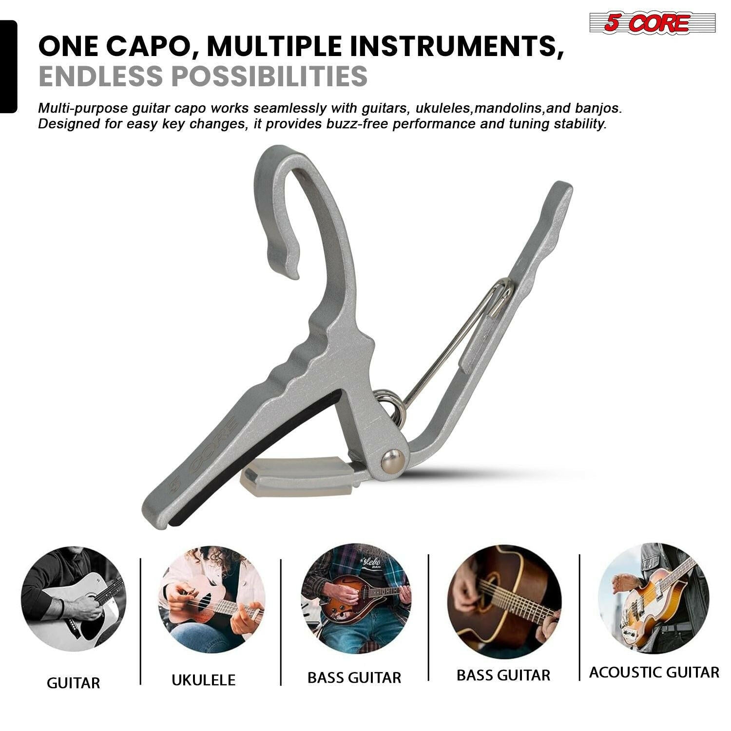 5 Core Guitar Capo – Silver Aluminum Alloy, Lightweight, Buzz-Free Tuning - GoTypical