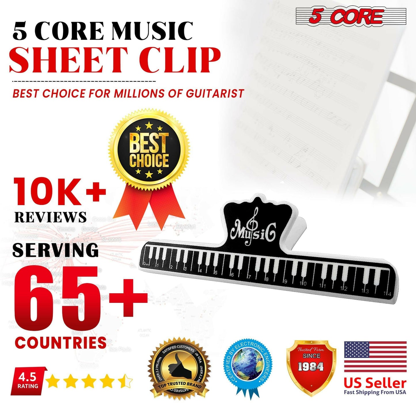 5 Core Sheet Music Holder Clip – Durable Black Plastic, Compact Size - GoTypical