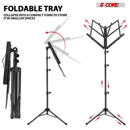 5Core Adjustable Music Stand – Folding Metal Tripod with Large Tray - GoTypical