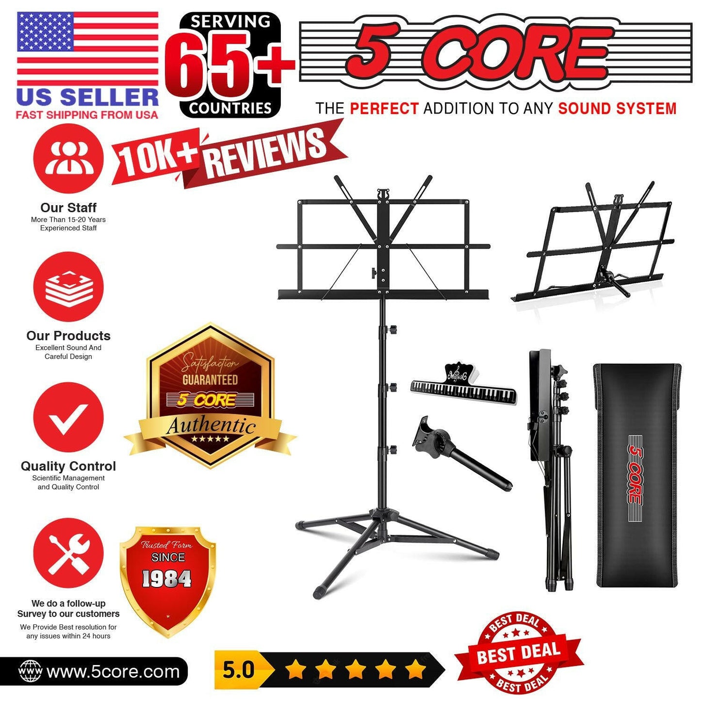 5Core Adjustable Music Stand – Folding Metal Tripod with Large Tray - GoTypical