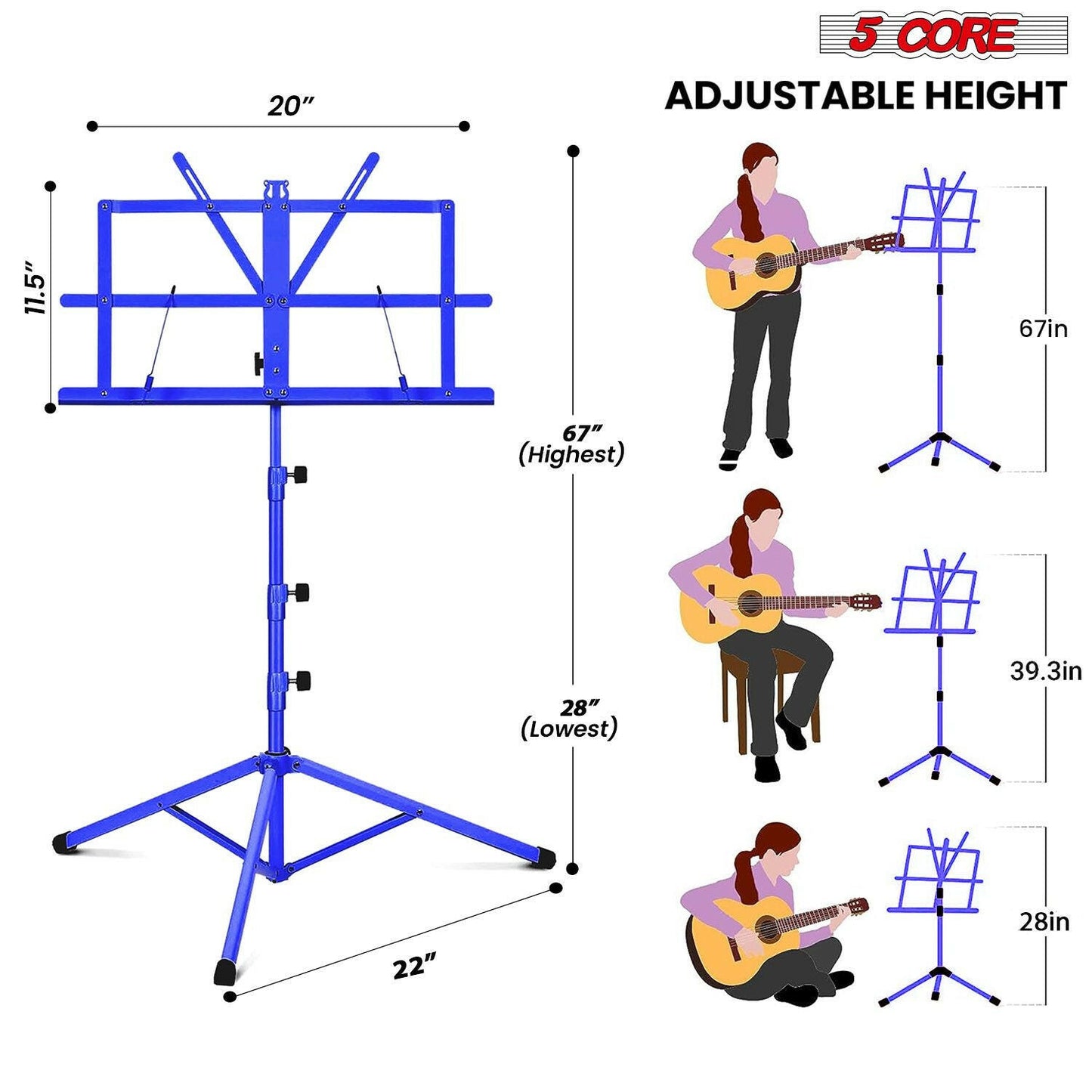 5Core Adjustable Music Stand – Folding Metal Tripod with Large Tray - GoTypical