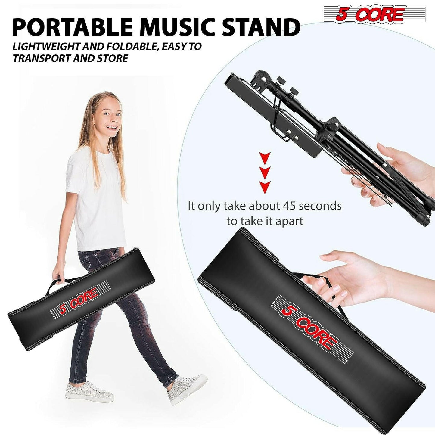 5Core Adjustable Music Stand – Folding Metal Tripod with Large Tray - GoTypical
