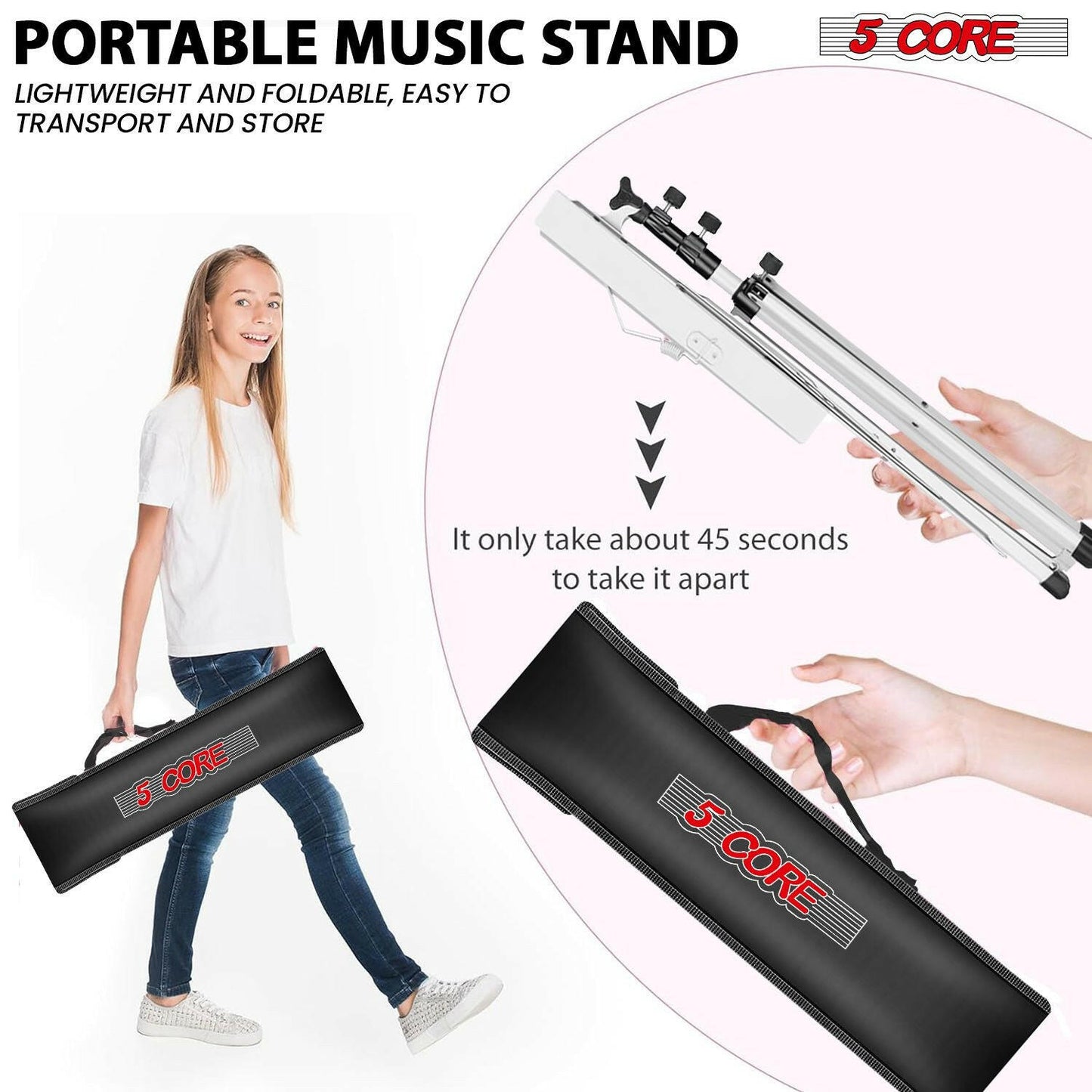 5Core Adjustable Music Stand – Folding Metal Tripod with Large Tray - GoTypical