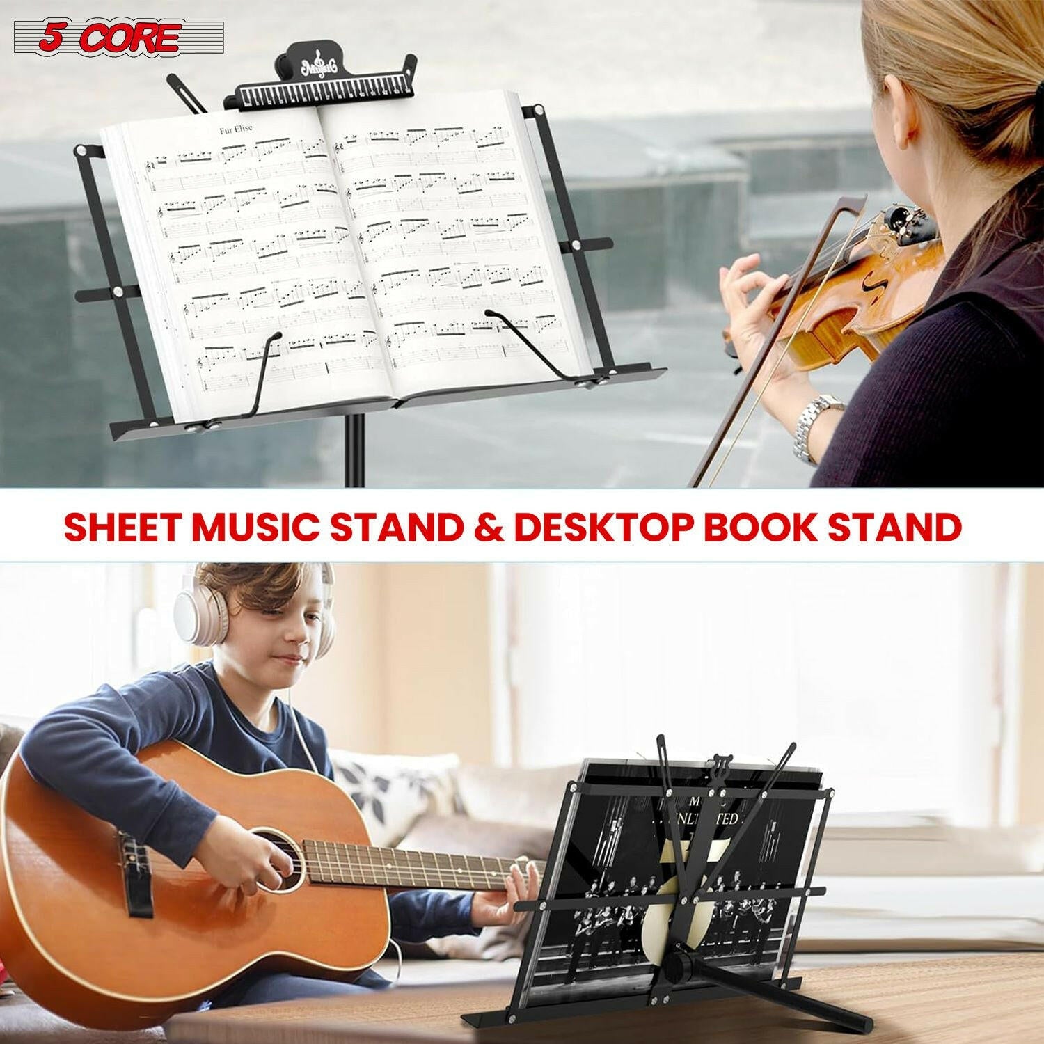 5Core Adjustable Music Stand – Folding Metal Tripod with Large Tray - GoTypical