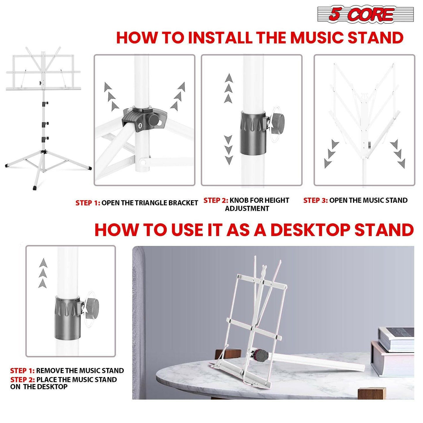 5Core Adjustable Music Stand – Folding Metal Tripod with Large Tray - GoTypical