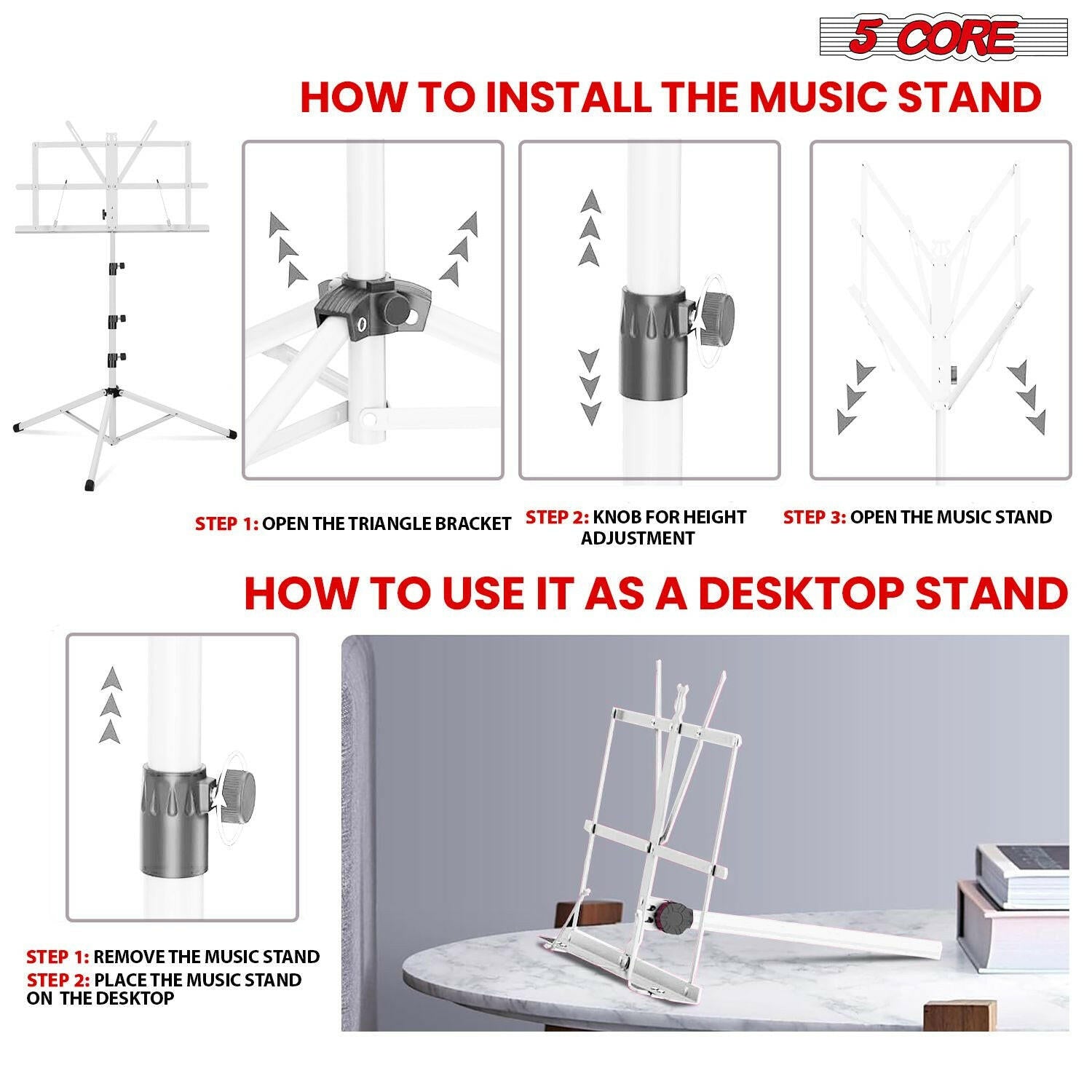 5Core Adjustable Music Stand – Folding Metal Tripod with Large Tray - GoTypical