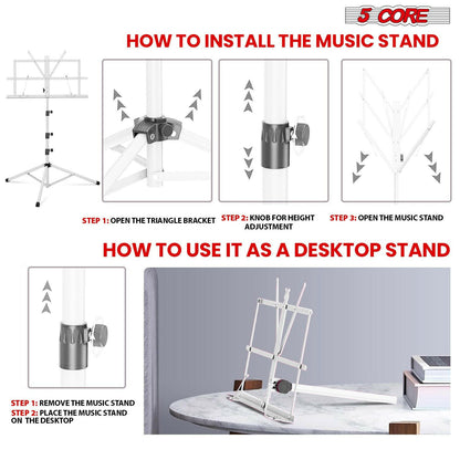 5Core Adjustable Music Stand – Folding Metal Tripod with Large Tray - GoTypical