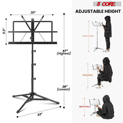 5Core Adjustable Music Stand – Folding Metal Tripod with Large Tray - GoTypical