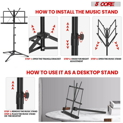 5Core Adjustable Music Stand – Folding Metal Tripod with Large Tray - GoTypical