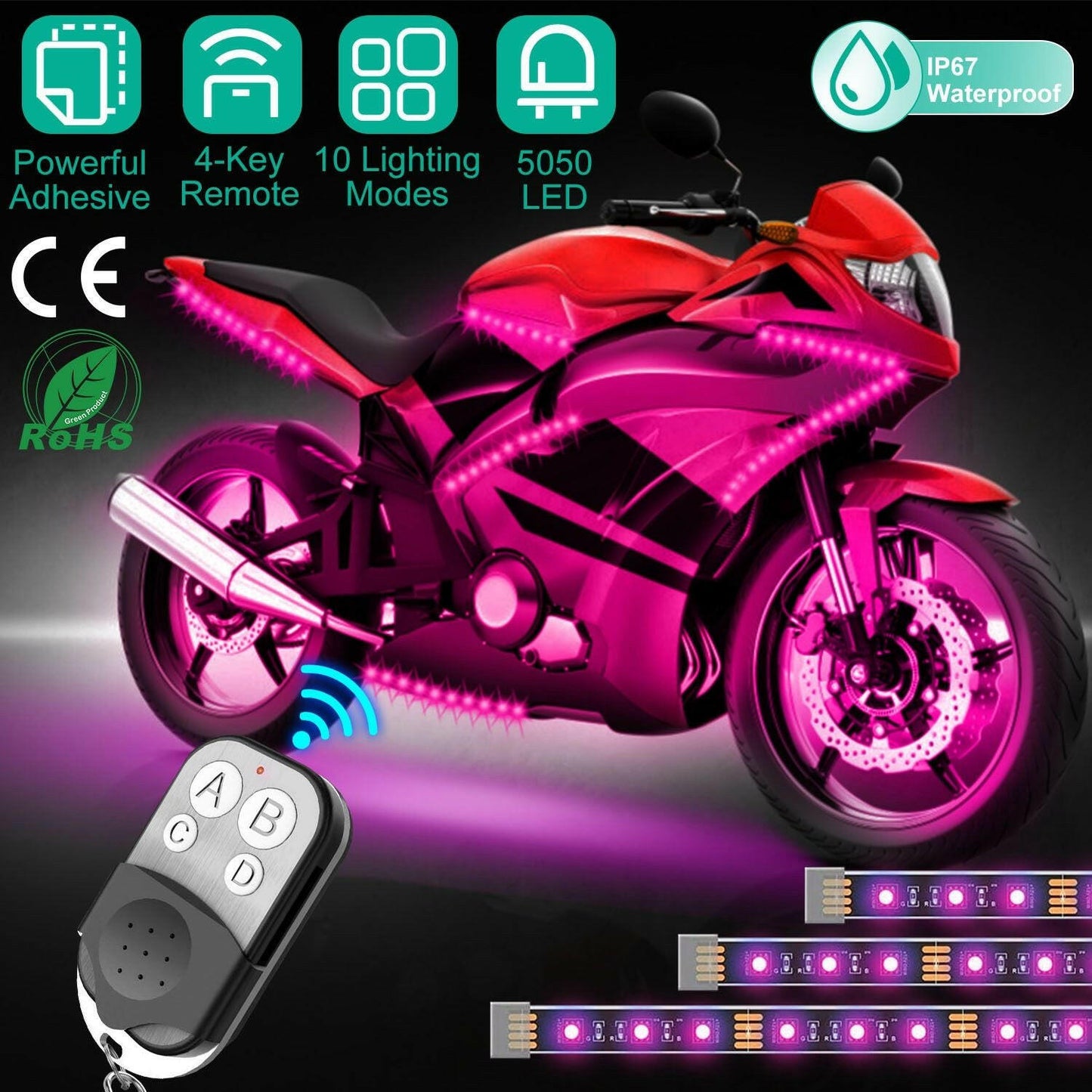 Motorcycle LED Light Strips – 6-Piece Waterproof RGB with Remote Control - GoTypical