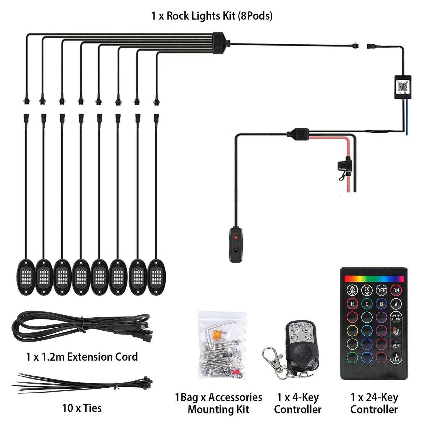 . RGB LED Rock Lights Kit – 8 Pods, IP68 Waterproof, App Controlled - GoTypical