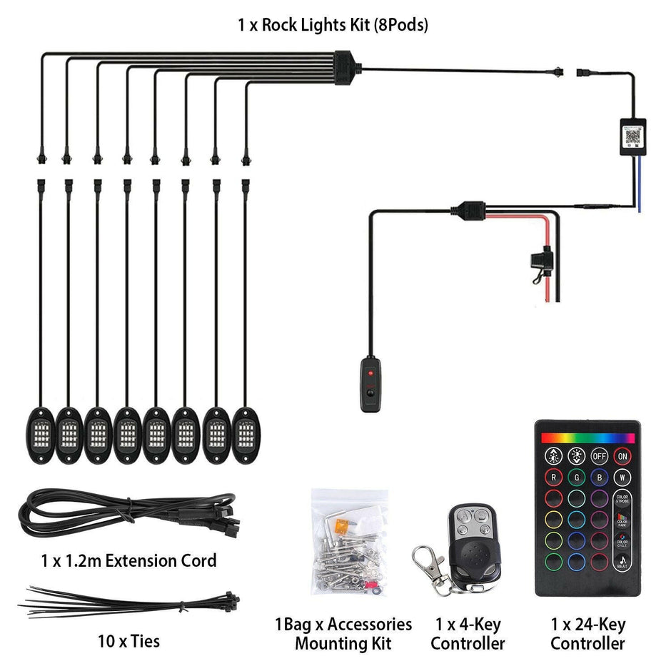 . RGB LED Rock Lights Kit – 8 Pods, IP68 Waterproof, App Controlled - GoTypical
