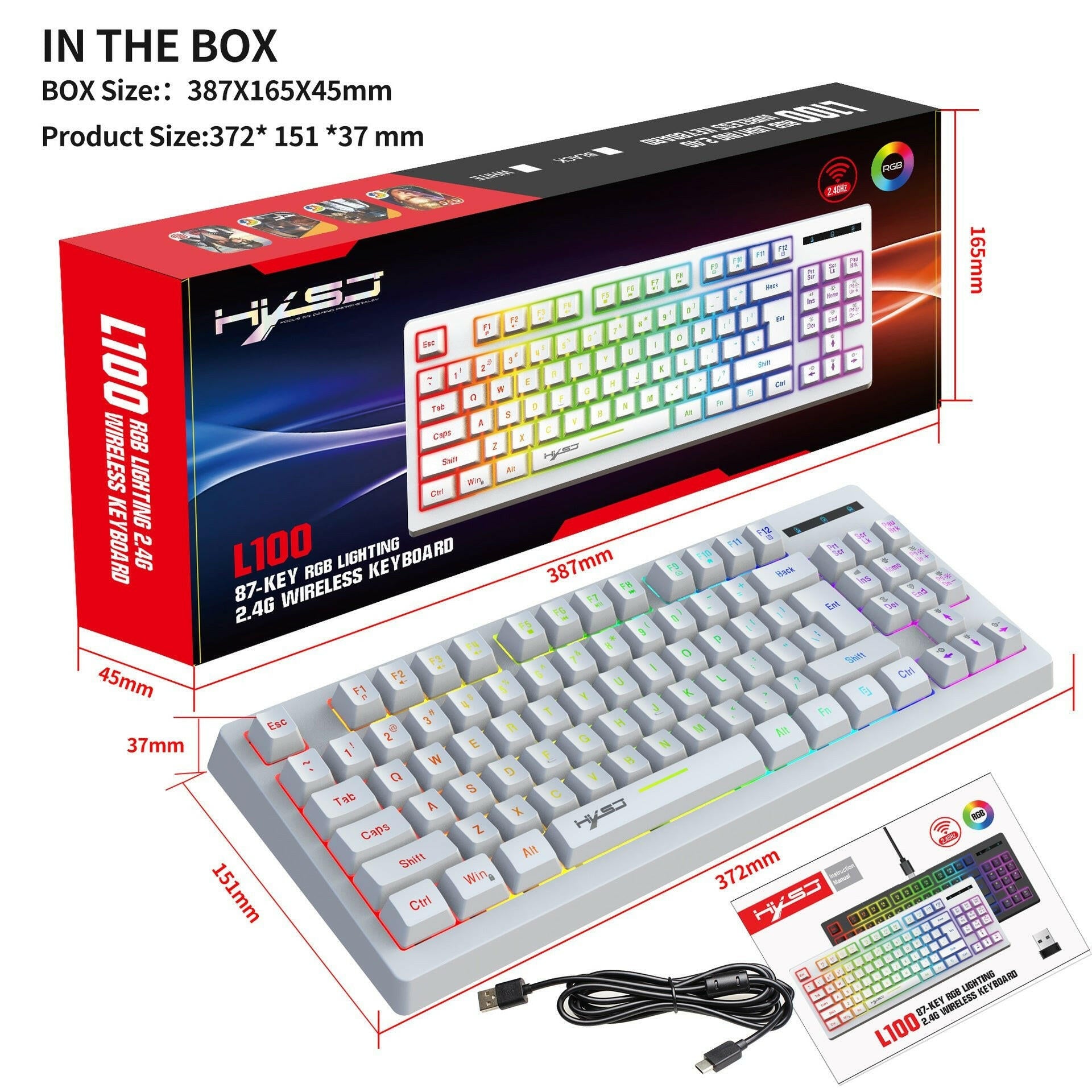 . 87-Key Wireless Membrane Keyboard – RGB Backlit, 2.4G USB - GoTypical